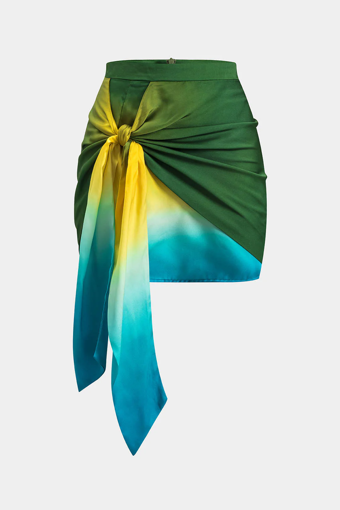 Ombre Print Satin Ruched Tie-Front Zippered Skirt