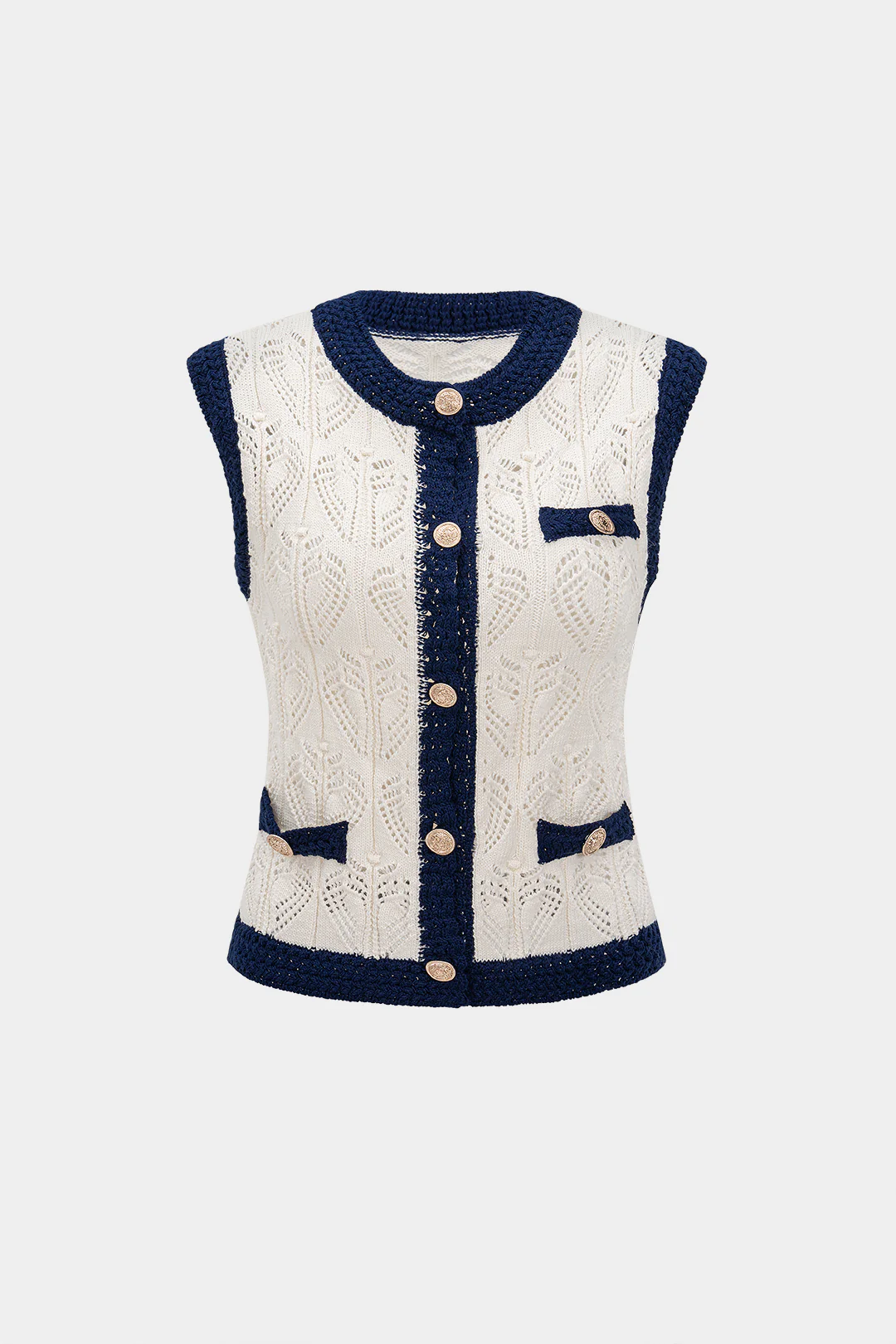 Knit Contrast Cut Out Button Sleeveless Vest
