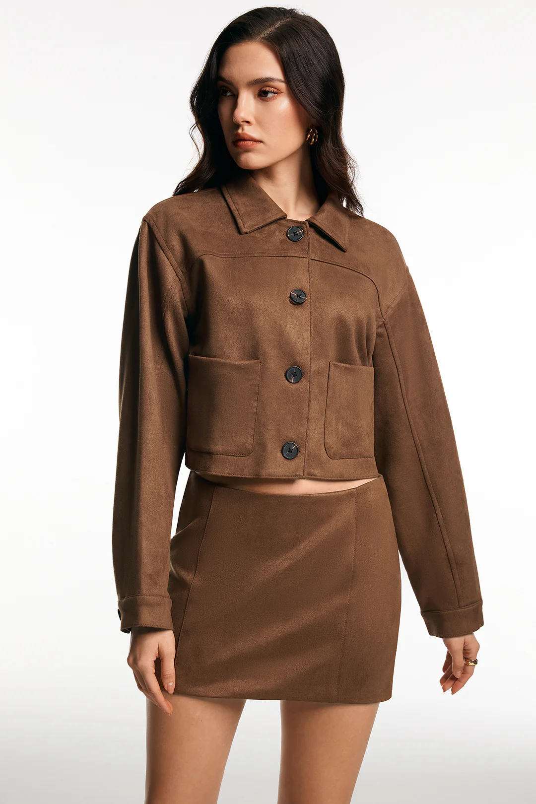 Suede Button Pocket Long Sleeve Top