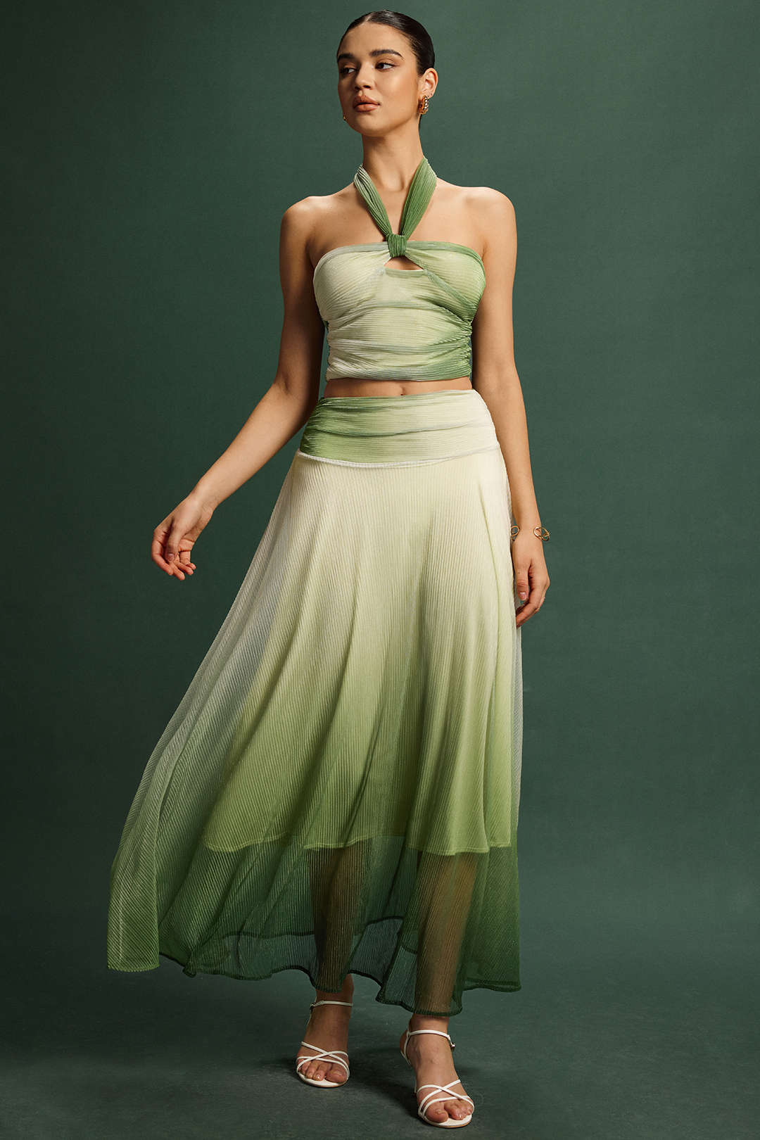 Watercolor Halter Neck Tie-Back Backless Camisole and Ruched Skirt Set