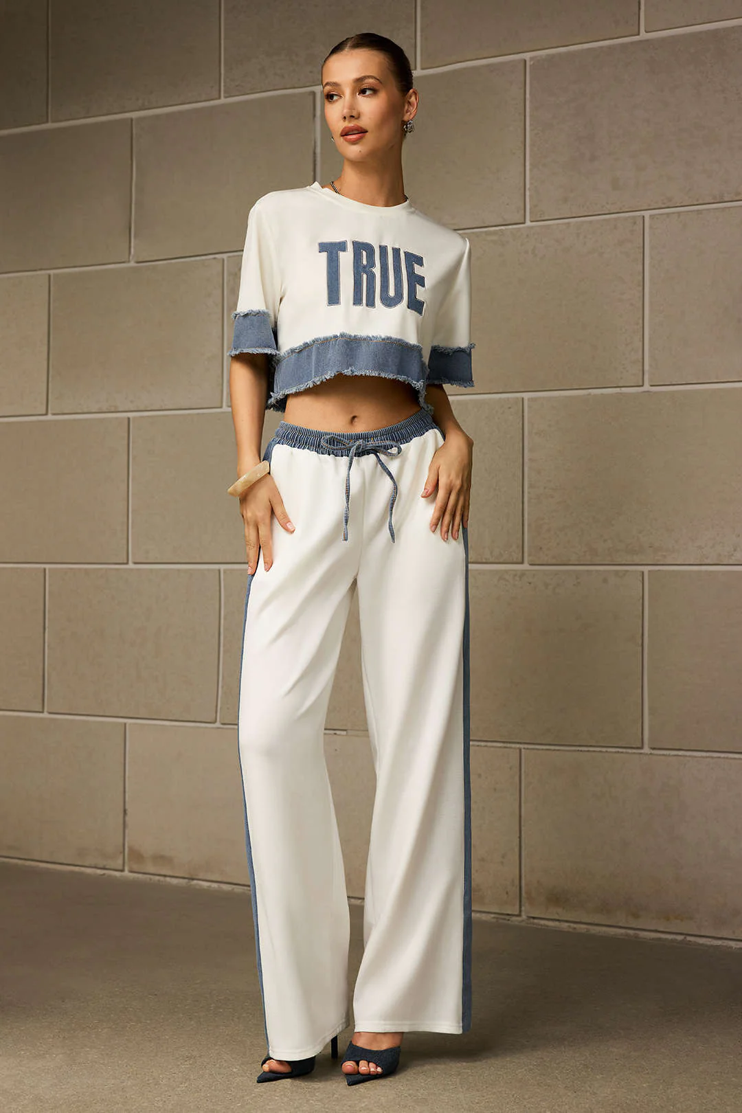 Patchwork Letter Print Frayed Tank Top And Tie-Front Trousers Set