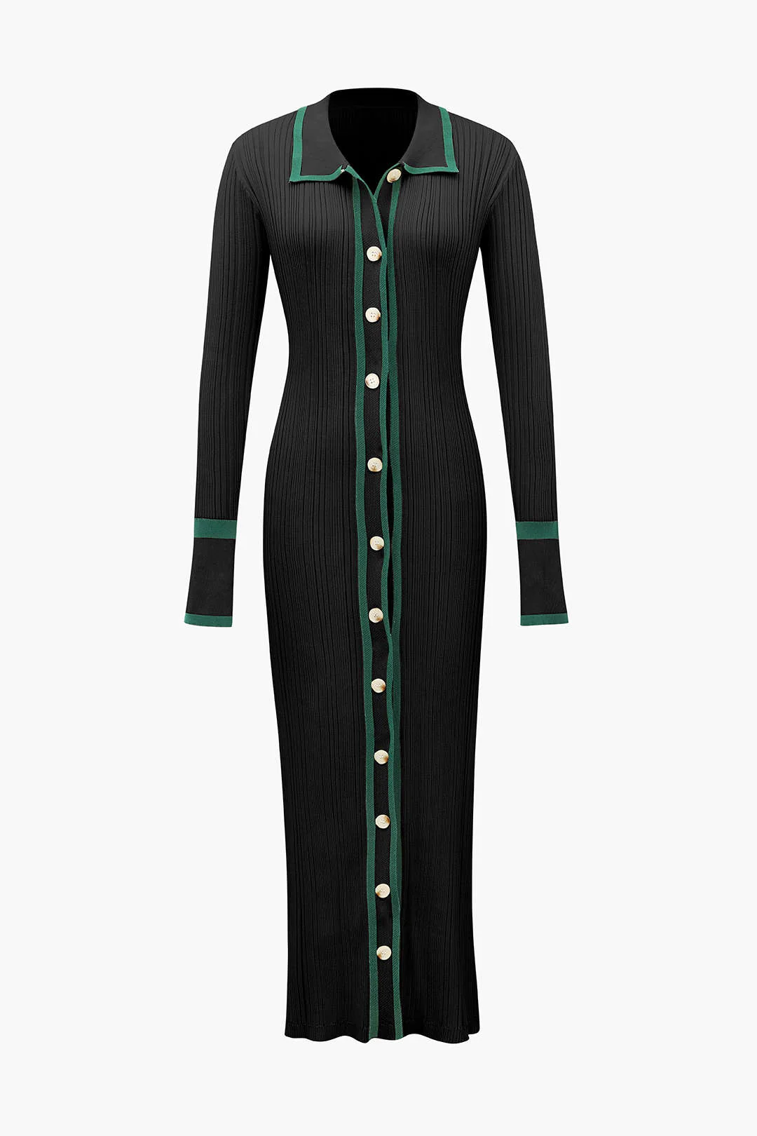 Contrast Trim Button-Down Knit Dress