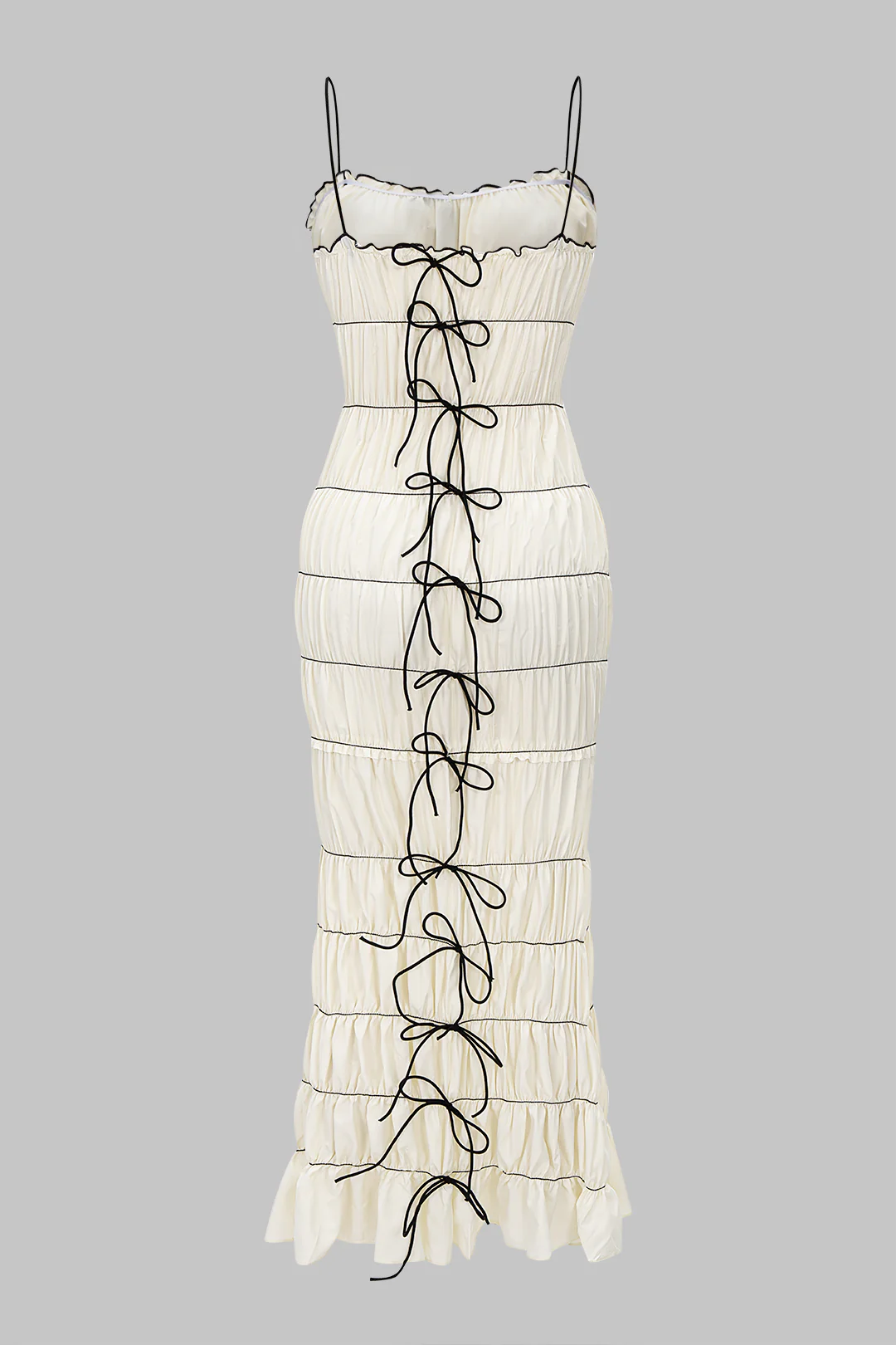 Bow Ruched Ruffle Hem Slip Sleeveless Maxi Dress