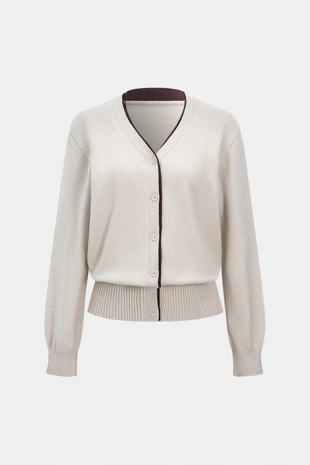 Knit Contrast Button V-Neck Long-Sleeve Top