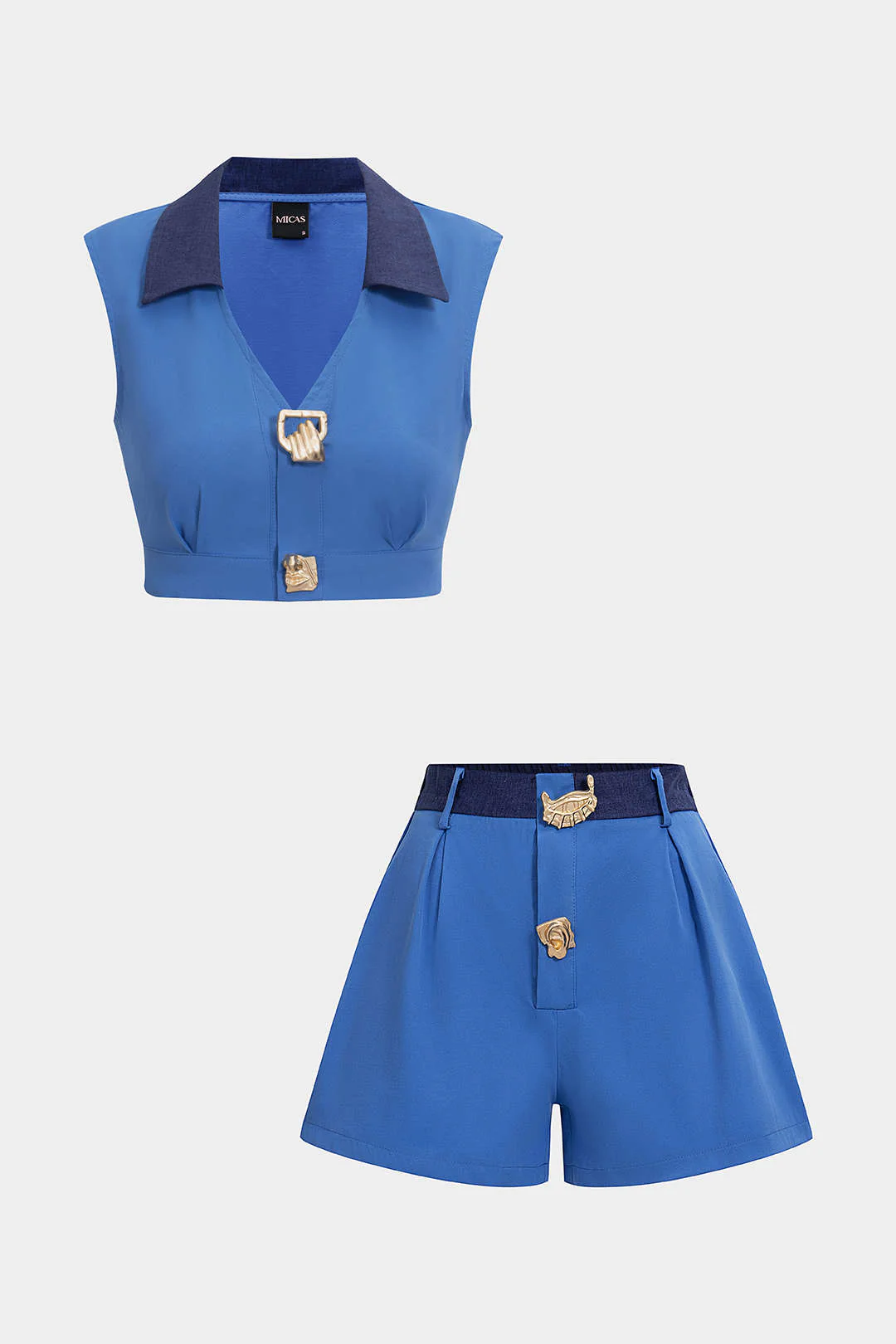 Patchwork Metallic Decor V Neck Tank Top and Shorts Outfit Set