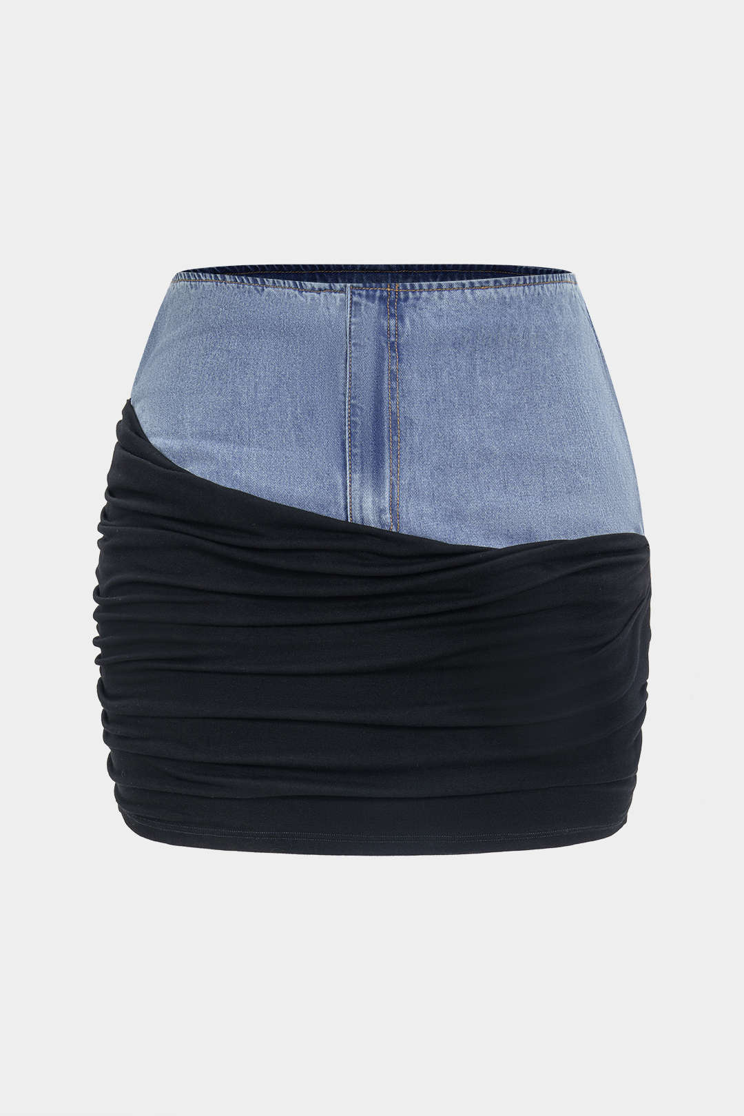 Plus Size Denim Ruched Patchwork Zipper High-Waisted Skirt