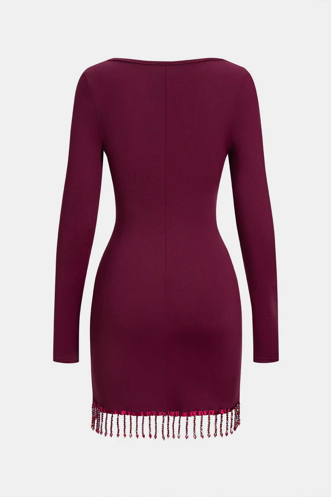 Round Neck Fringe Long Sleeve Short Dress