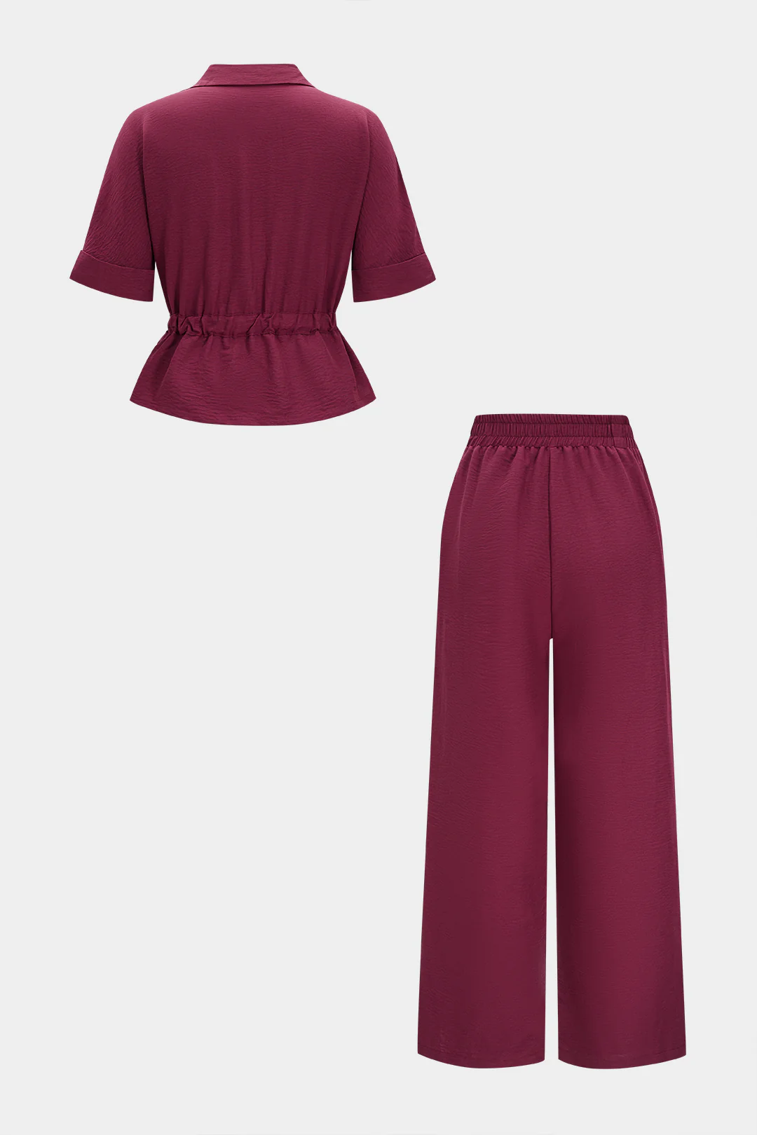 Tie Front Zipper Short Sleeve and Wide Leg Pants Set
