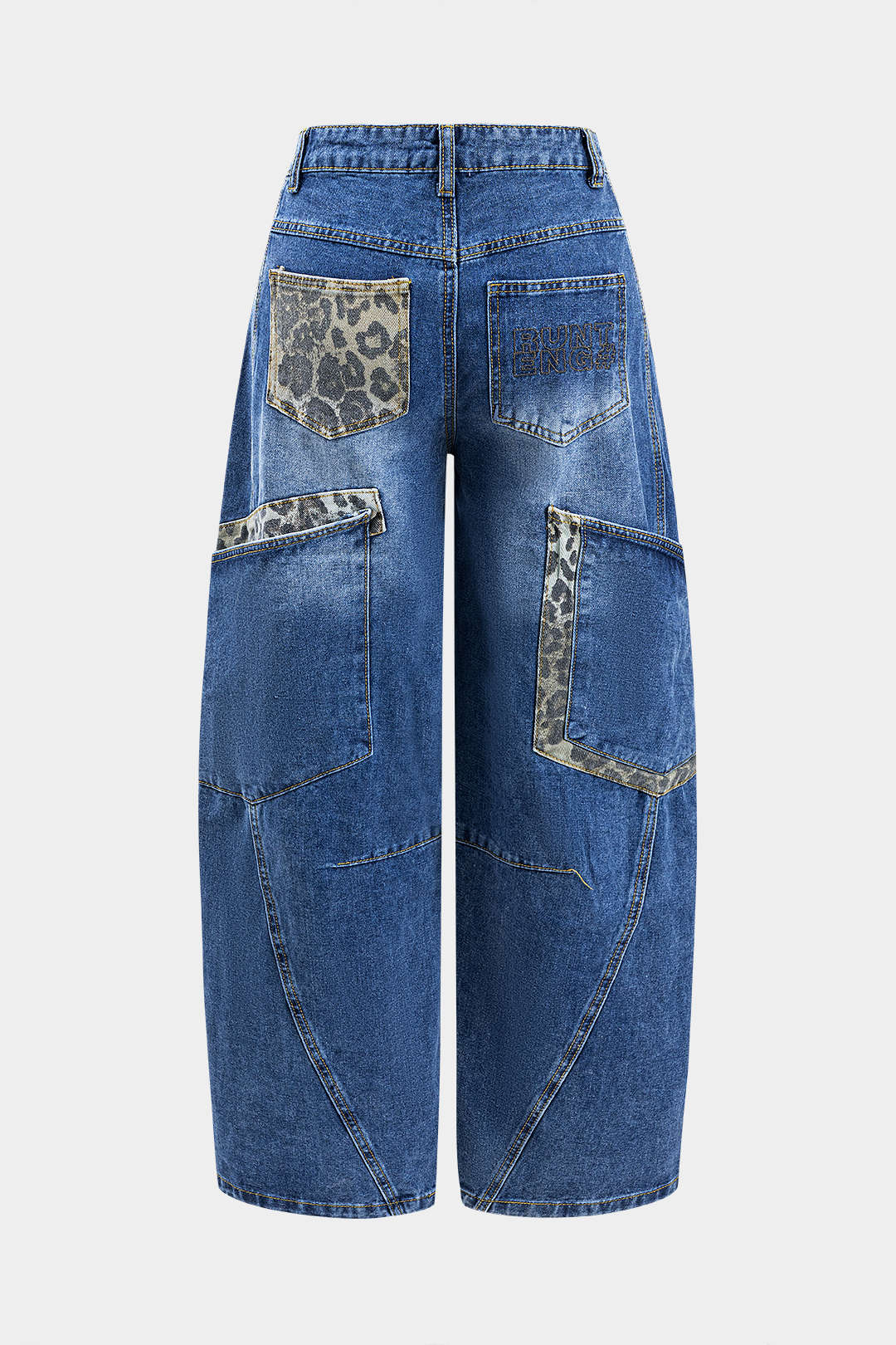 Embroidered Letter Denim Button Pocket Wide-Leg Jeans