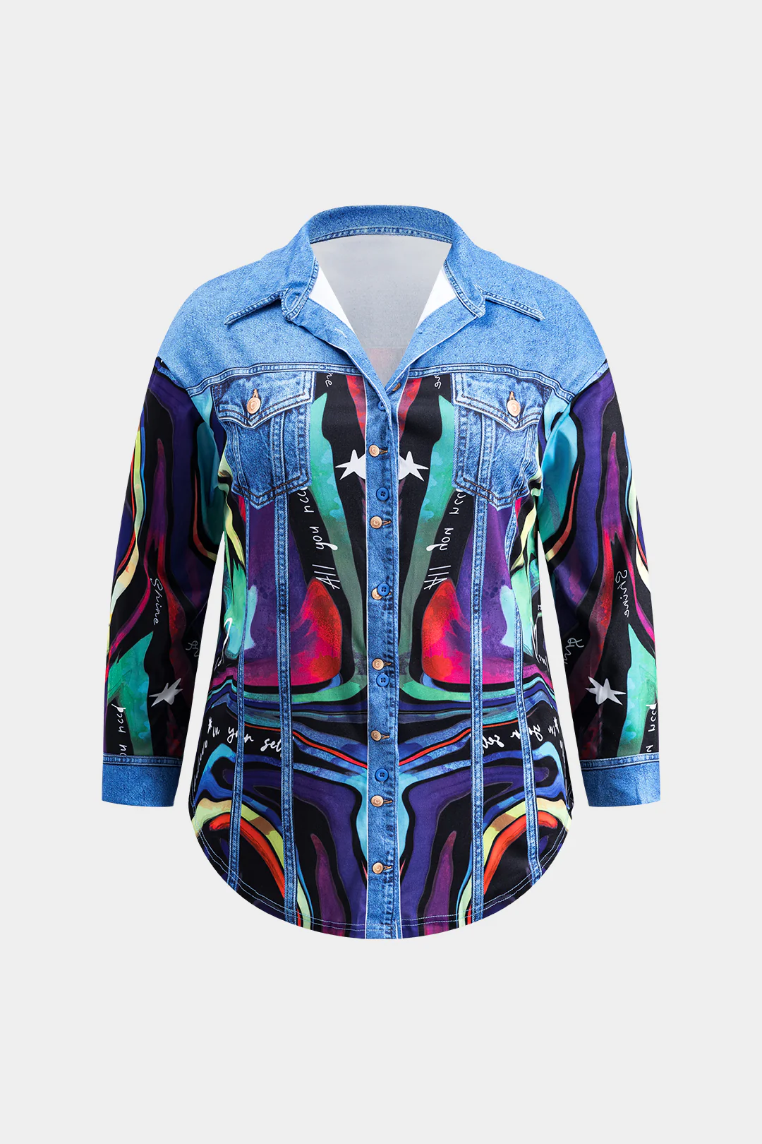 Plus Size Abstract Letter Print Button Pocket Long Sleeve Shirt And Skirt Set