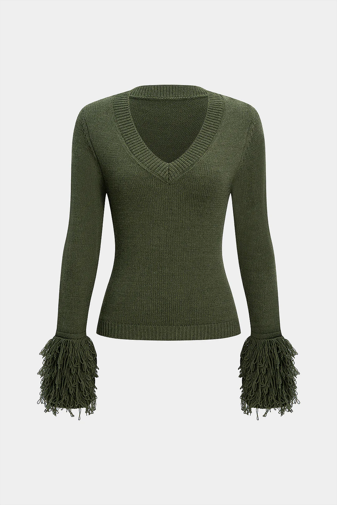 V-Neck Fringe Trim Long-Sleeve Sweater Top
