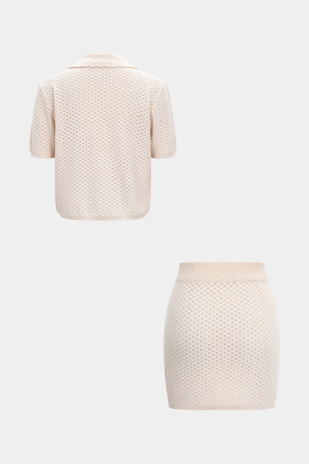 Knit Hollow-Out Button Short-Sleeve Top and Skirt Set