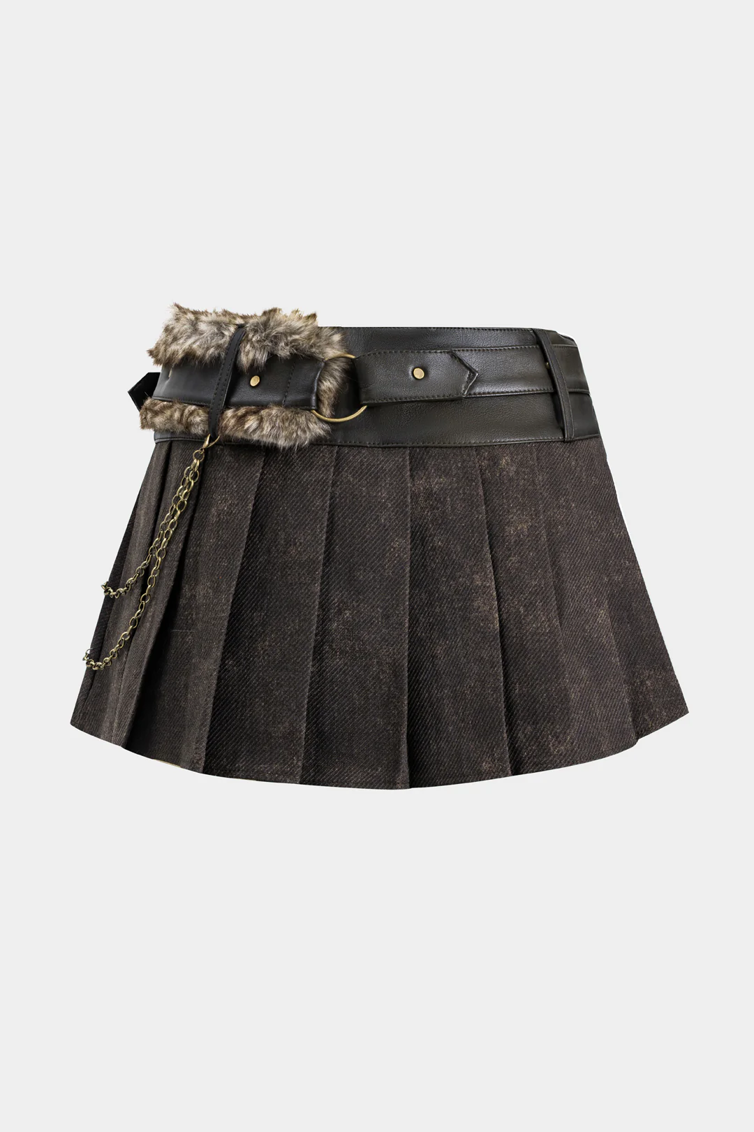 Faux Leather and Fur Patchwork Belted Chain Pleated Skirt
