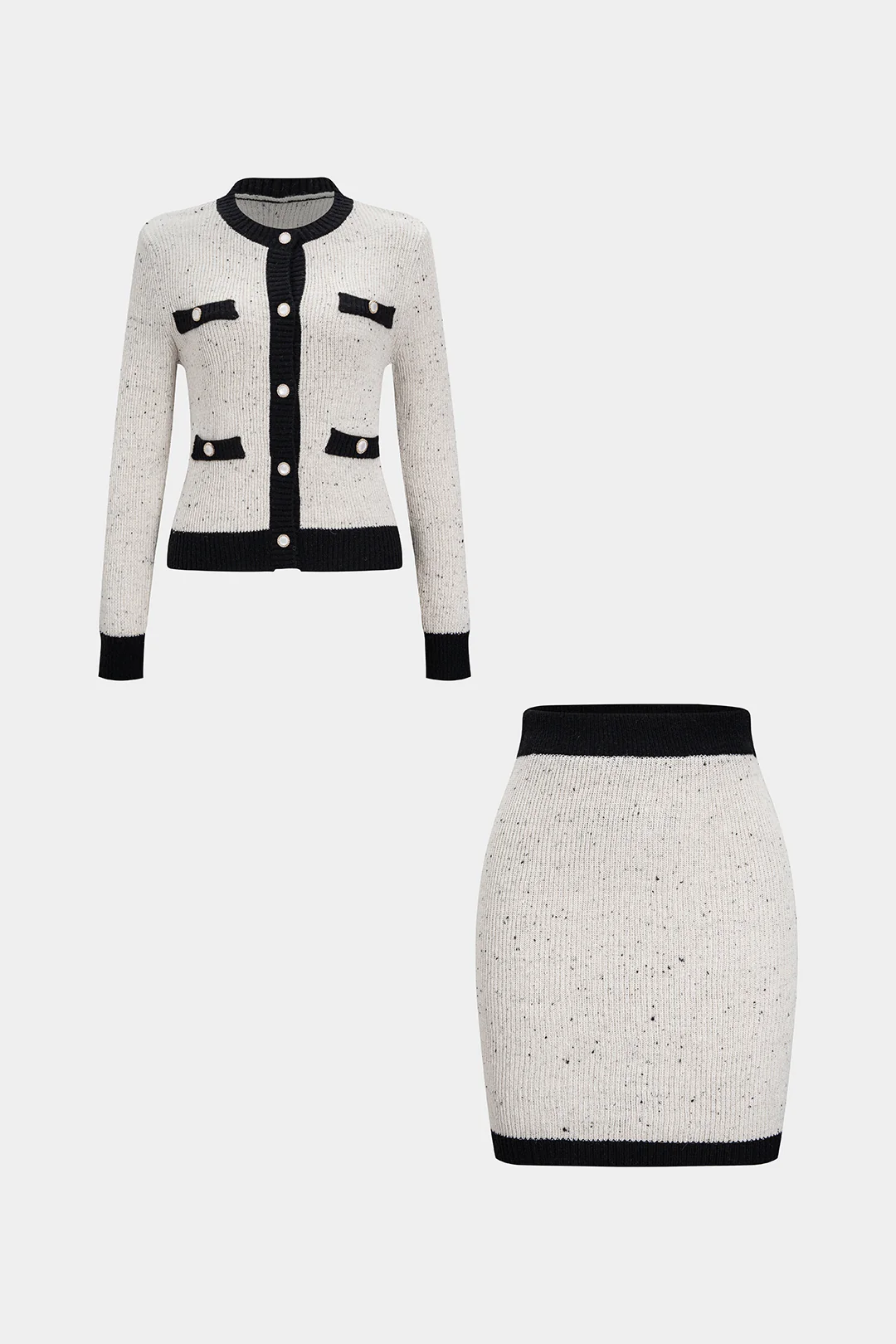 Contrast Button Long Sleeve Sweater Top and Mini Skirt Set