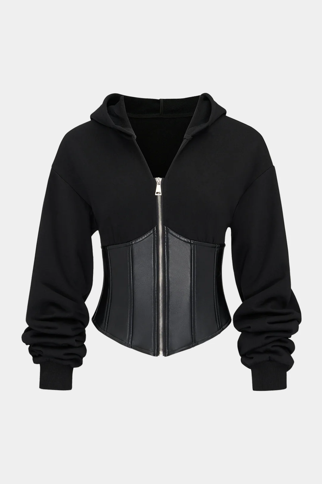 Faux Leather Patchwork Zippered Hooded Top