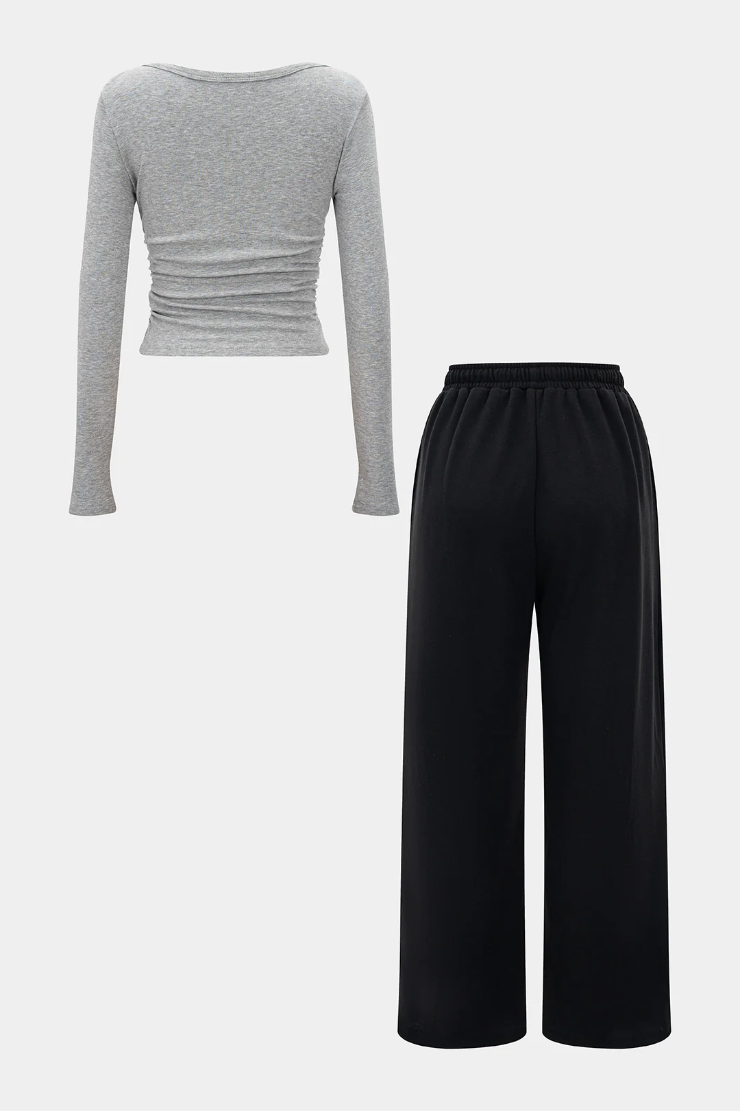 Solid Ruched Long Sleeve Top And Drawstring Straight Pants Set