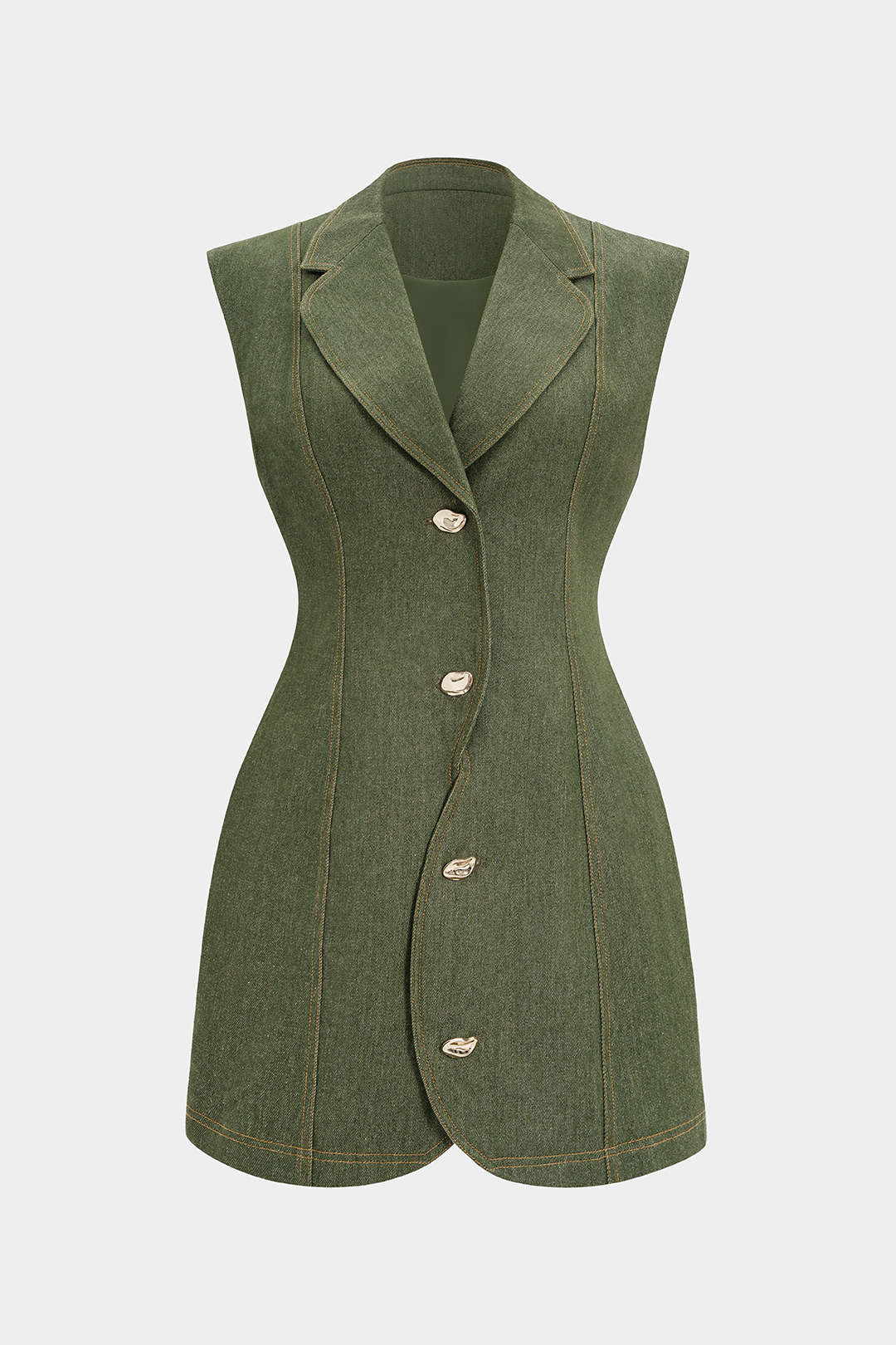 Denim Metallic Button Asymmetrical Sleeveless Mini Dress