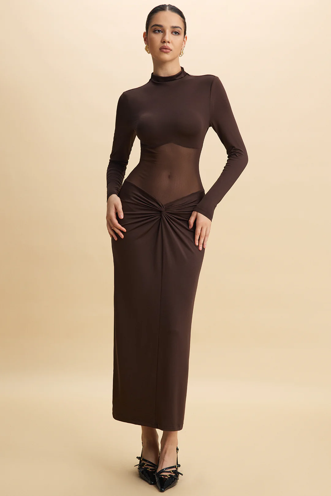 Sheer Patchwork Mesh Ruched Long Sleeve Maxi Dress