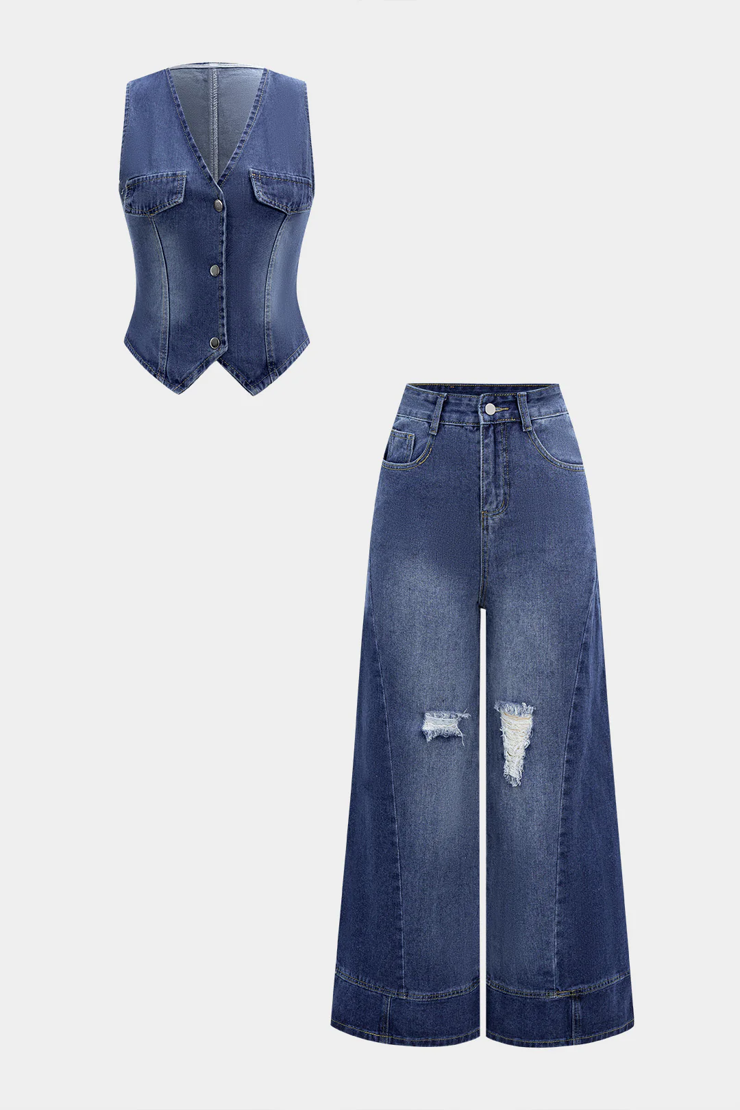 Denim Washed Button Tank Top And Ripped High Waist Wide Leg Jeans Set