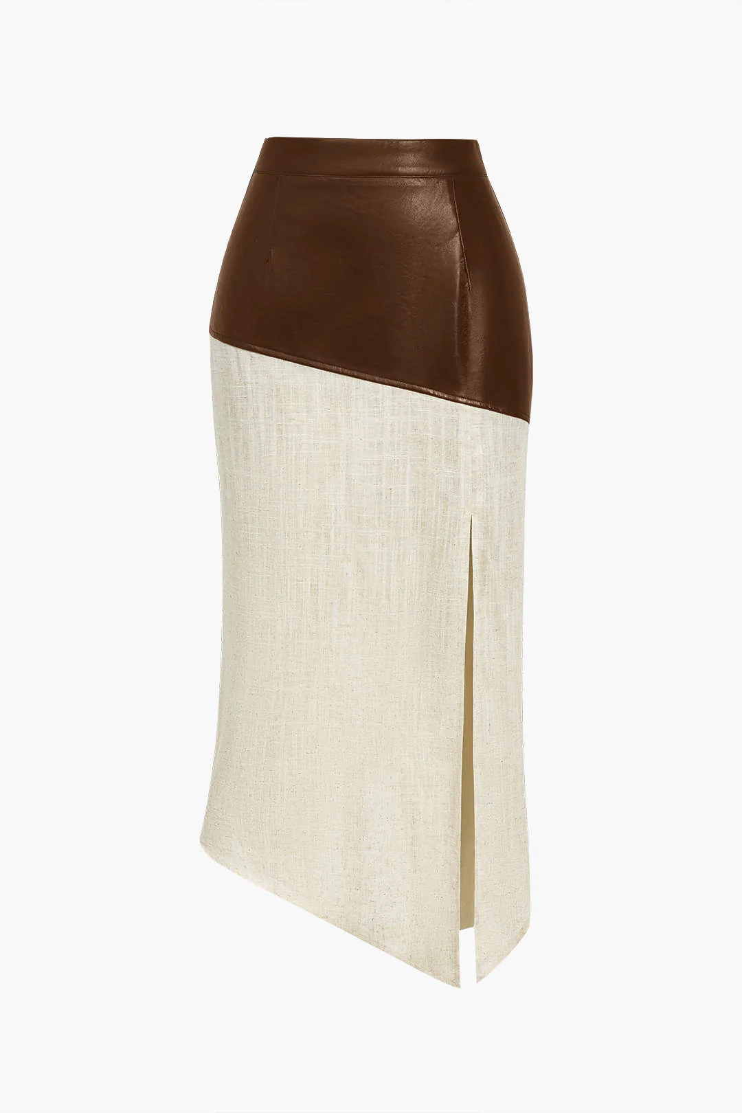 Contrasting Faux Leather and Linen Slit Asymmetrical Skirt