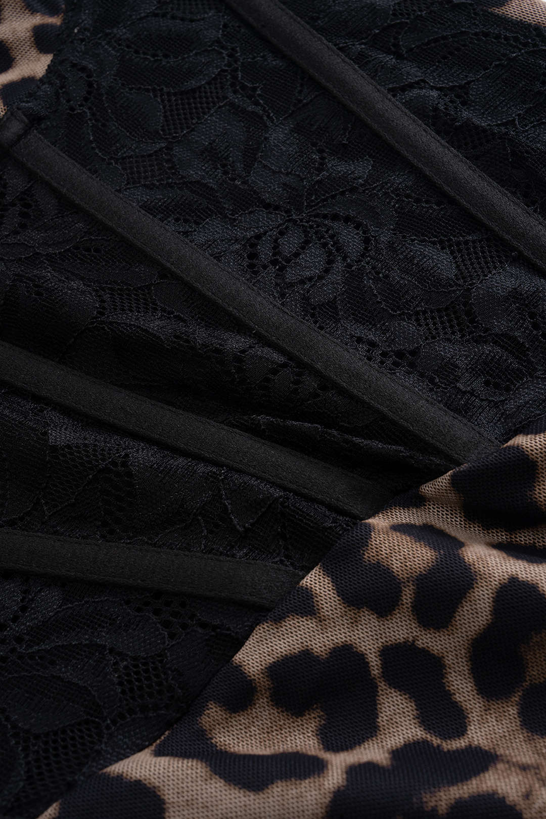 Leopard Print Bustier Lace Slip Sleeveless Maxi Dress