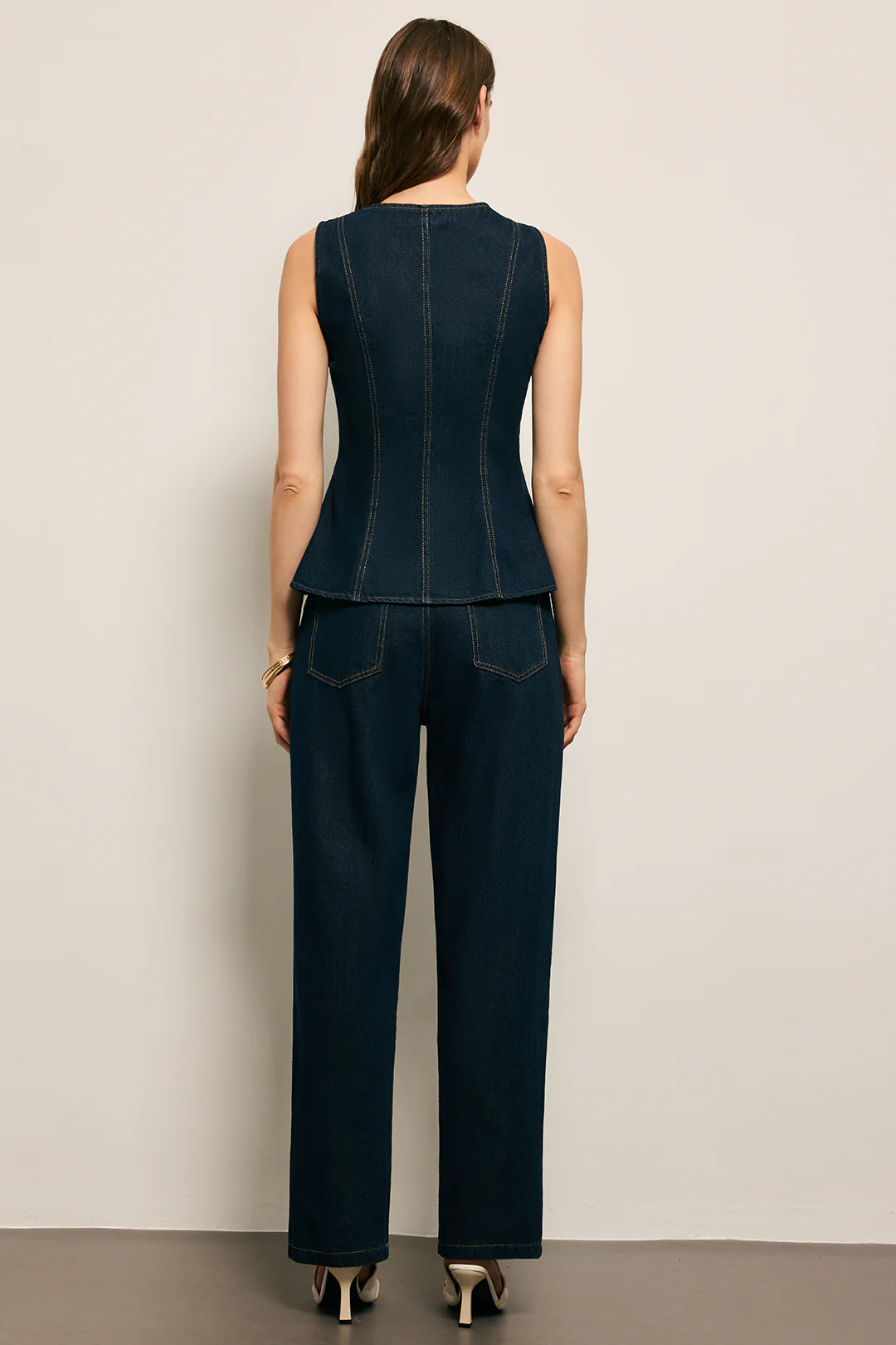 Metallic Button Denim Tank Top and Straight Leg Jeans Set