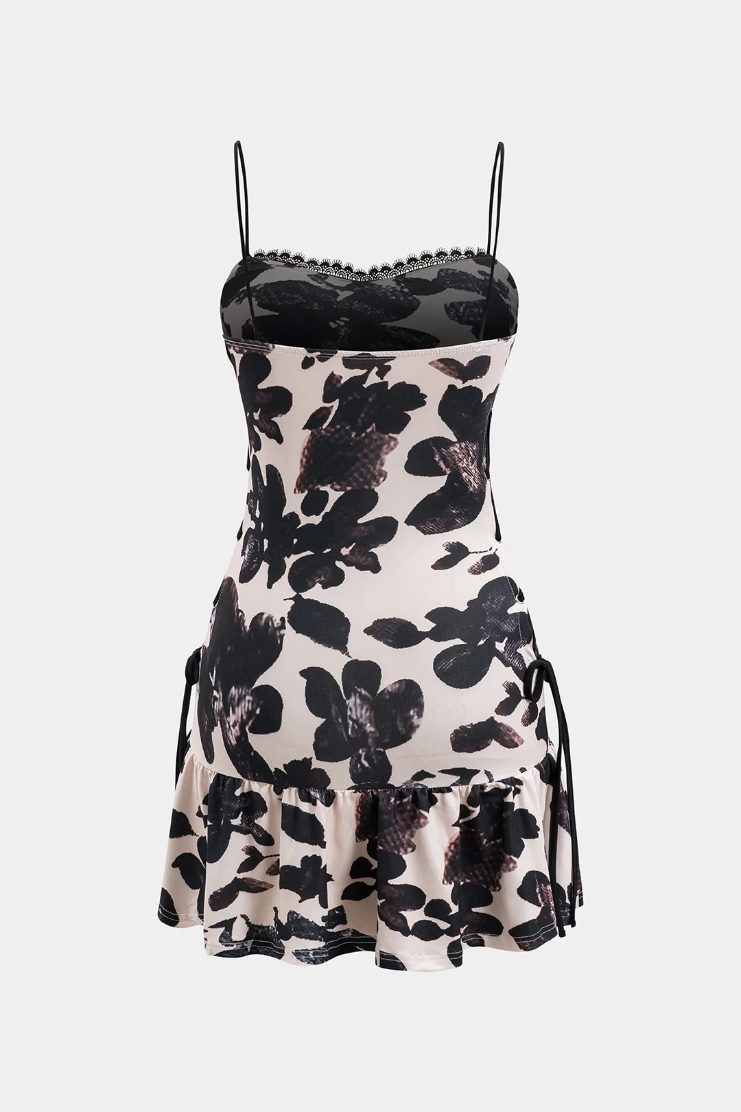 Floral Print Lace Bow Ruched Slip Mini Dress