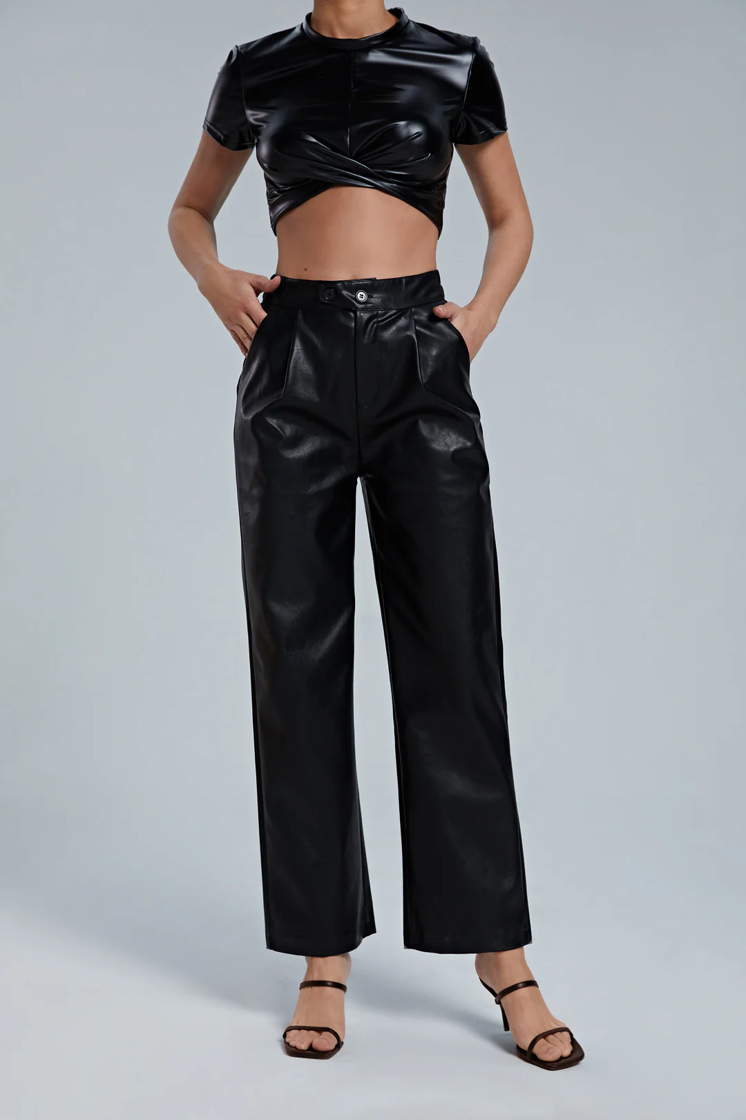 Faux Leather Elastic Waist Straight-Leg Trousers