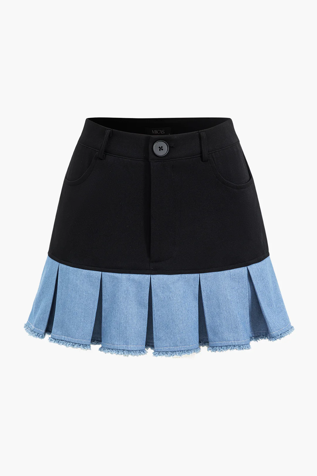 Patchwork Denim Notched Lapel Blazer and Skirt Ensemble