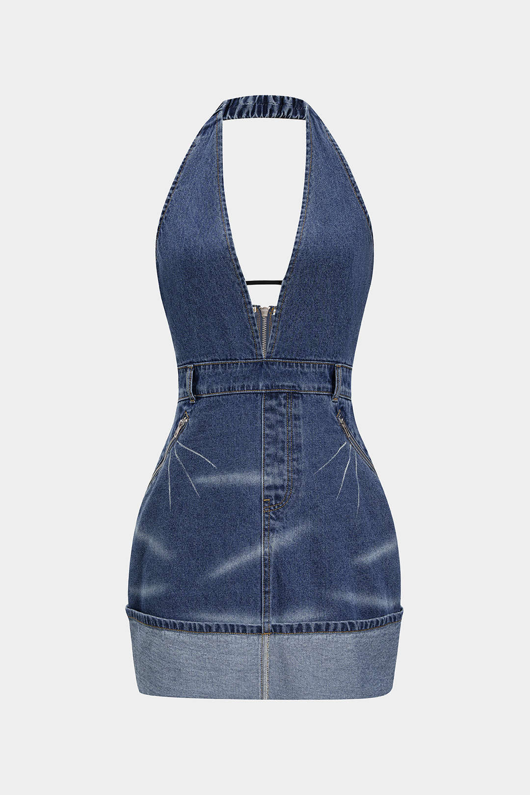 Washed Zipper Backless Denim Halter Mini Dress