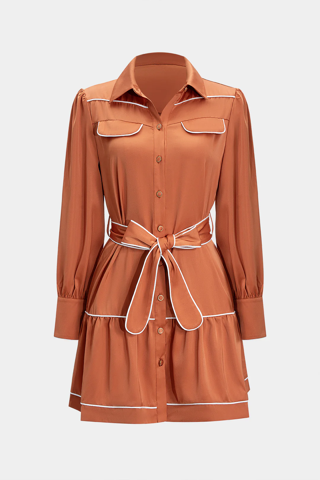 Satin Contrast Binding Tie-Front Long Sleeve Mini Dress