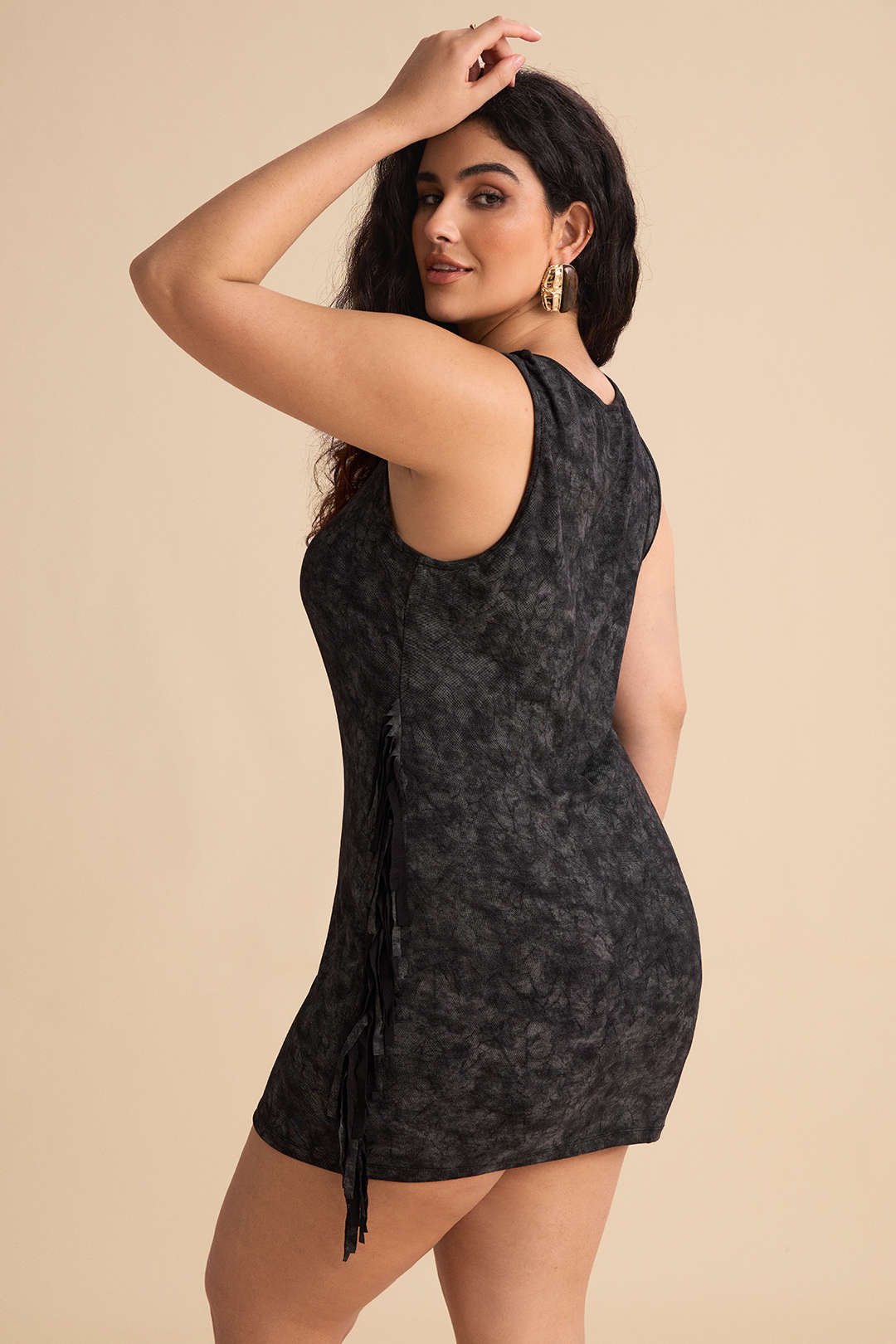 Plus Size Tie-Dye Printed Fringe Square-Neck Sleeveless Mini Dress