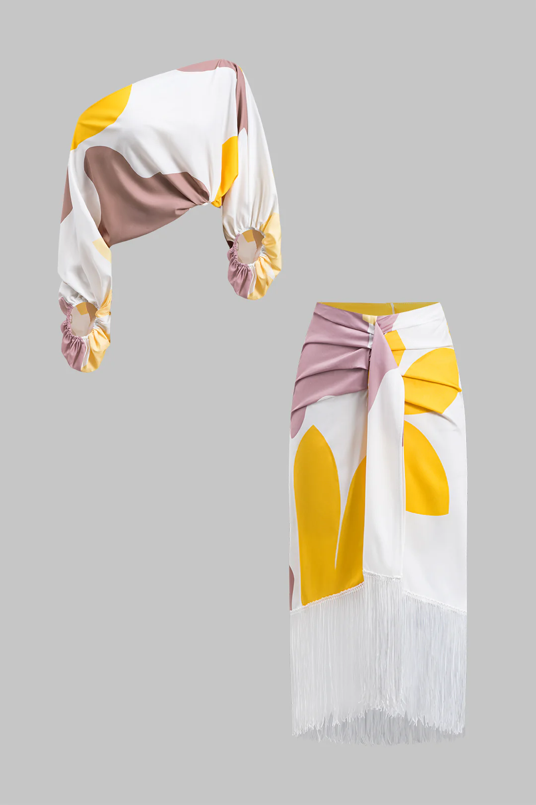 Abstract Print Ruched Asymmetric One-Shoulder Long Sleeve Top and Fringe Skirt Set