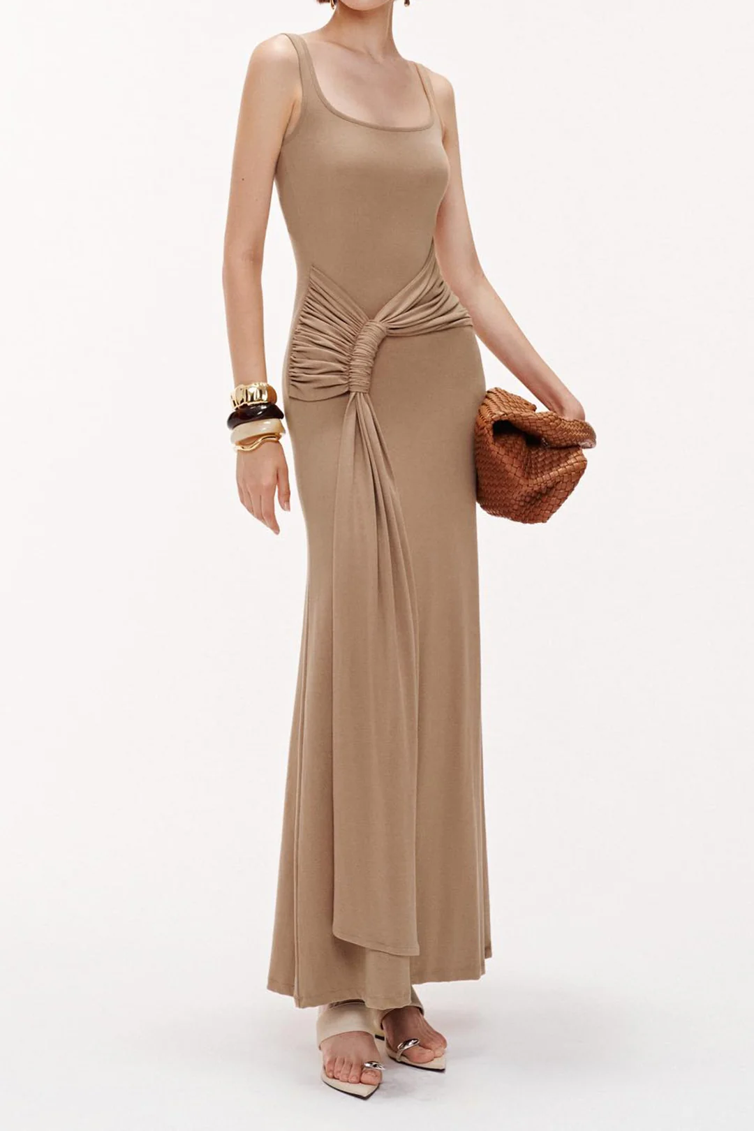 Strap-Trimmed Square Neck Ruched Sleeveless Maxi Dress