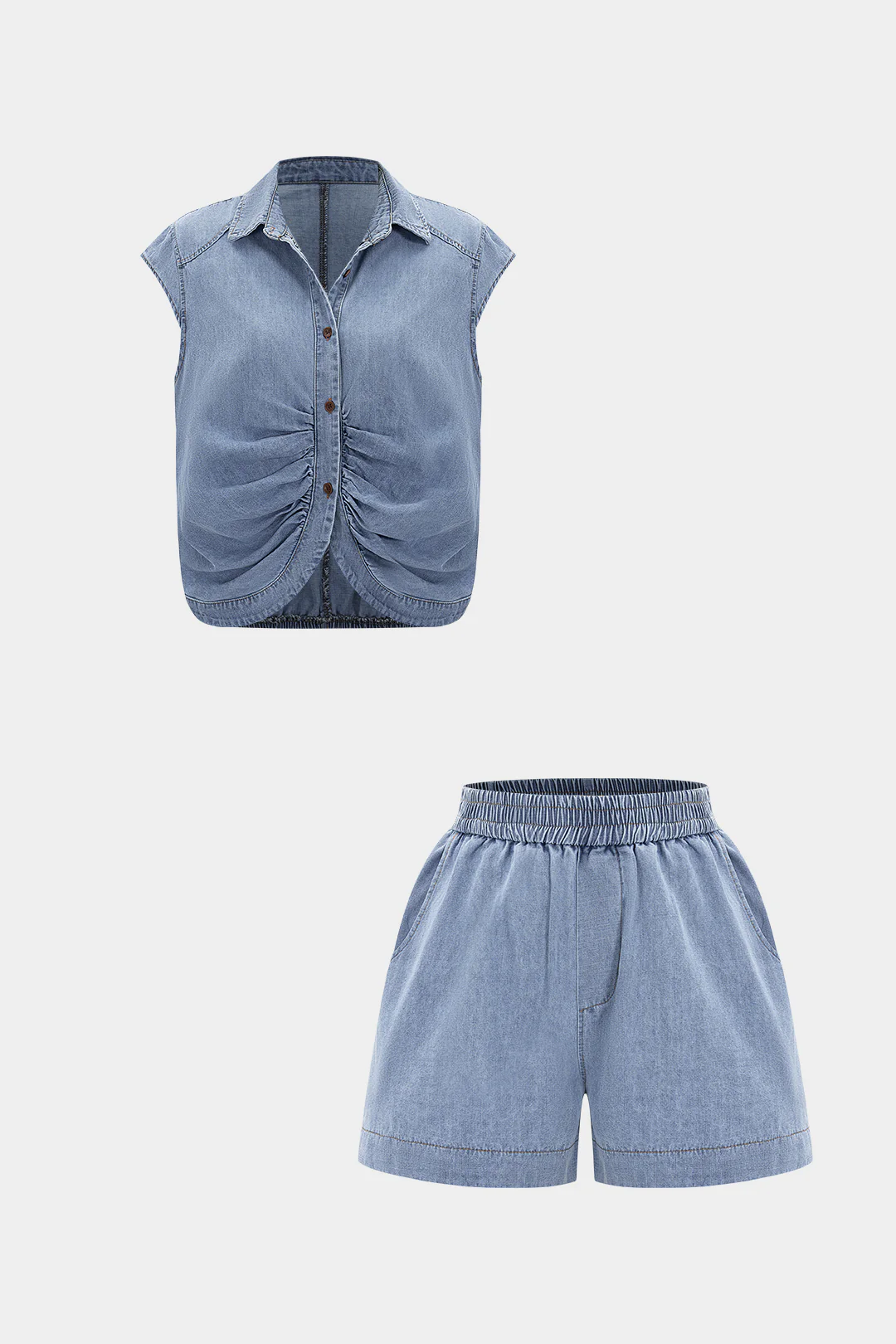 Denim Ruched Tank Top And Shorts Set