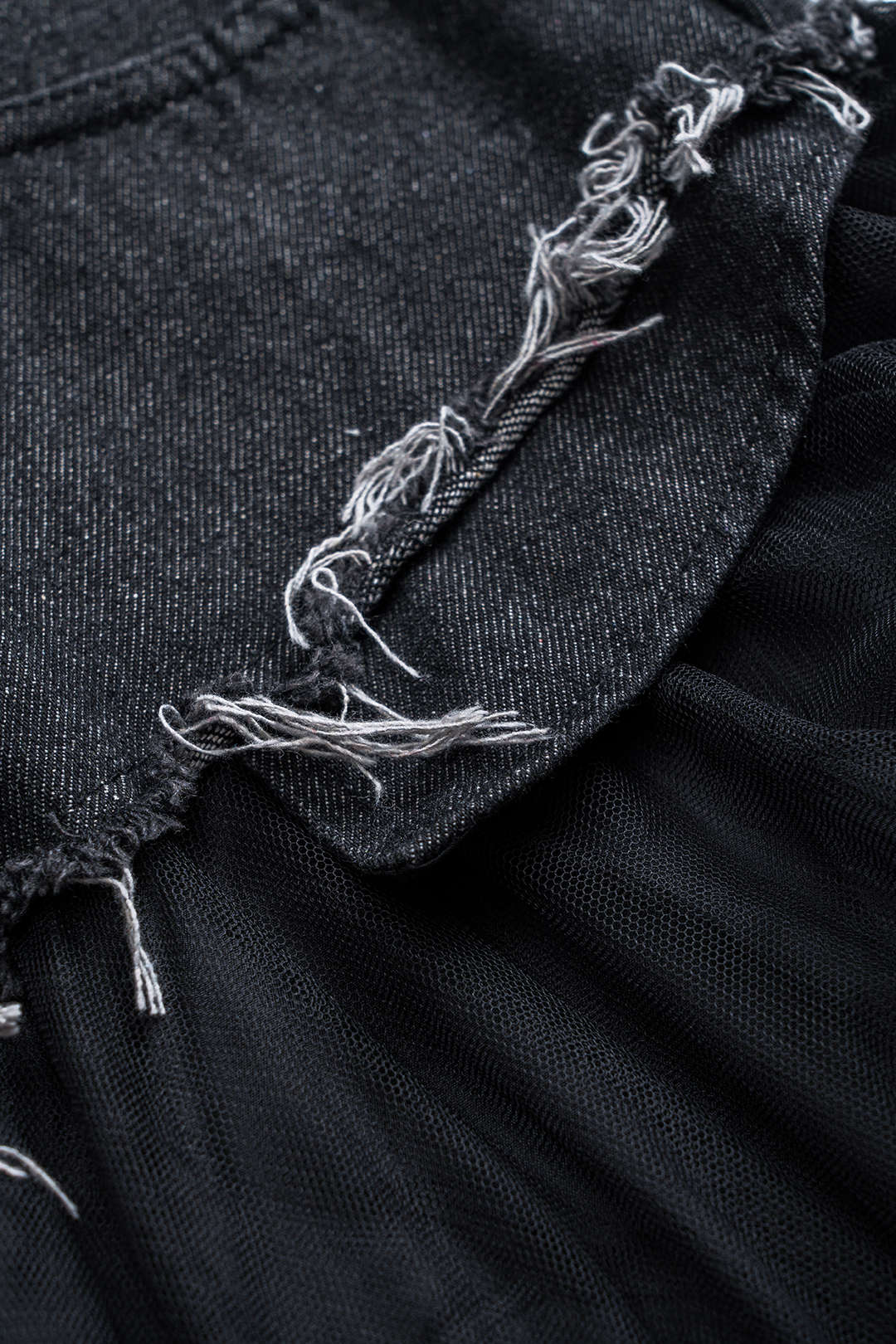 Denim Mesh Patchwork Belted Button Pocket Skirt