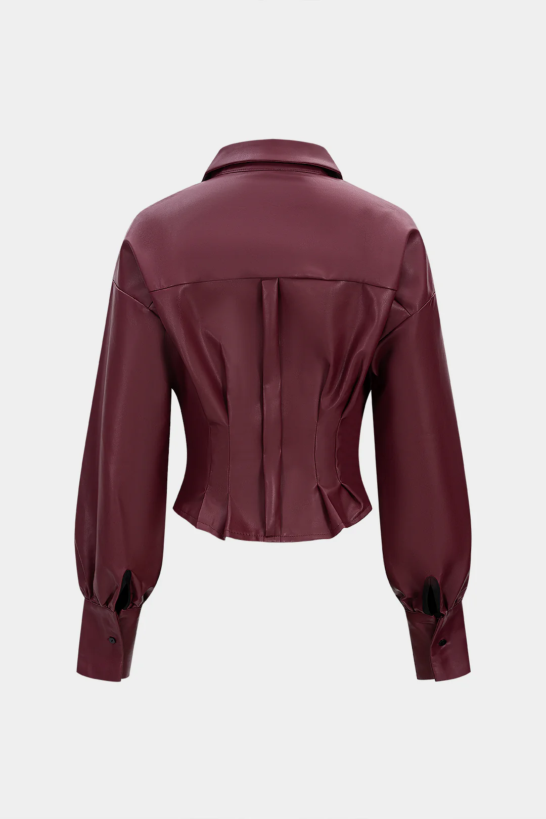 Faux Leather Pleated Belted Long-Sleeve Shirt