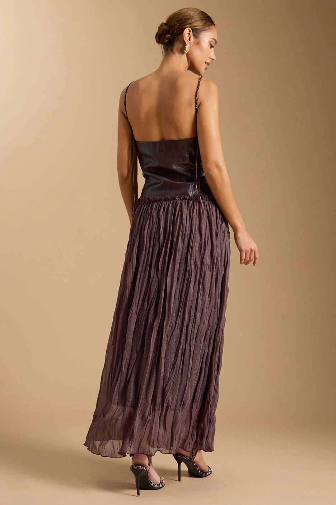 Faux Leather Patchwork Ruched Sleeveless Mid-length Dress