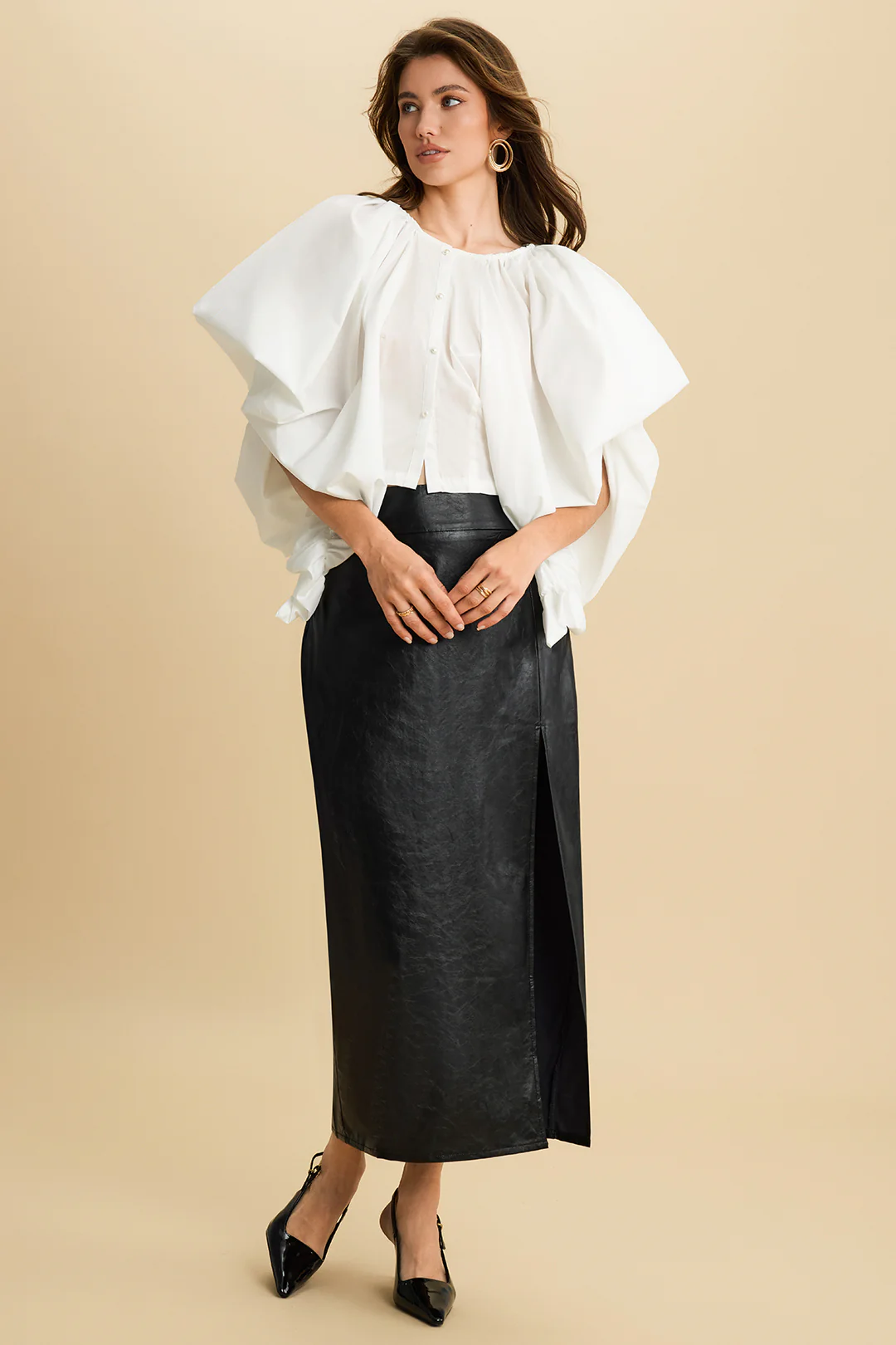 Button Ruched Short-Sleeve Shirt