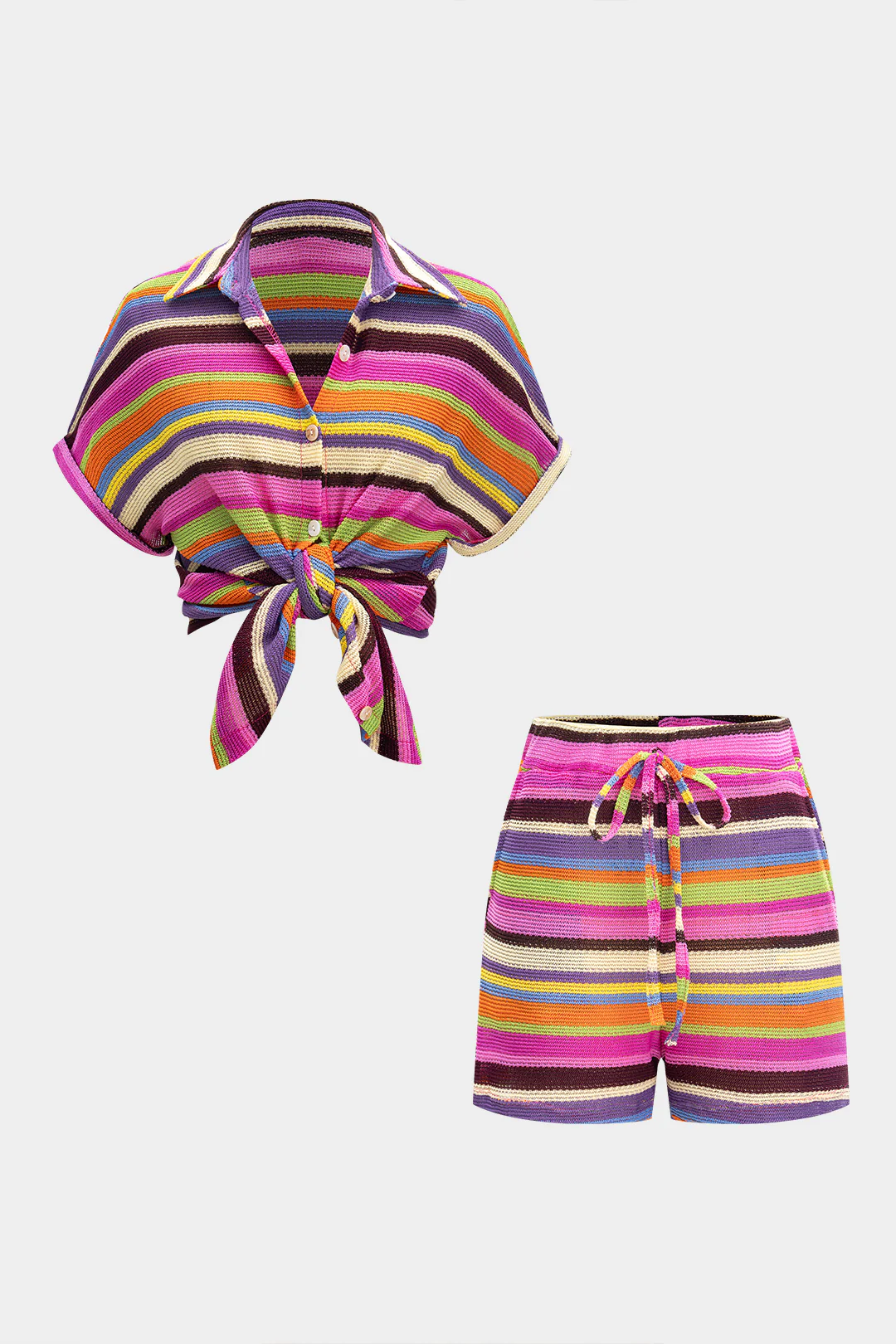 Knit Contrast V-Neck Top and Drawstring Shorts Combo