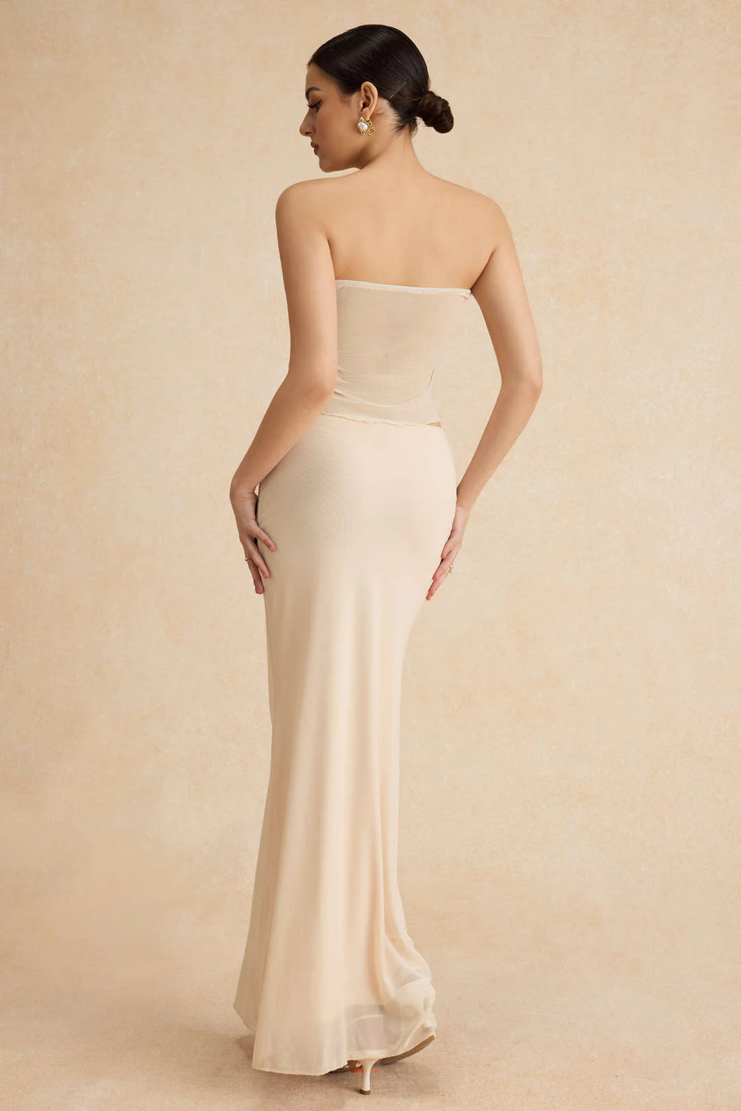 Ruched Sleeveless Double-Layered Mesh Split Strapless Top and Maxi Skirt Ensemble