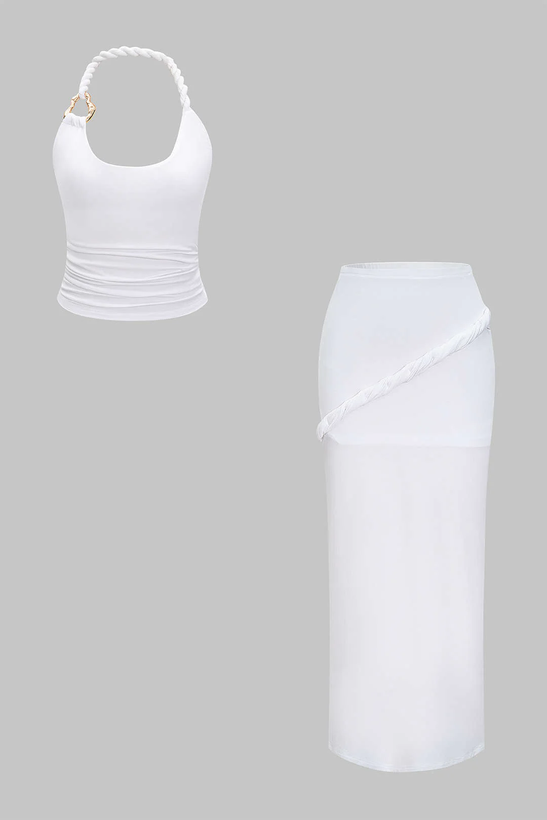 Asymmetrical Twist Knot Metallic Skirt Ensemble