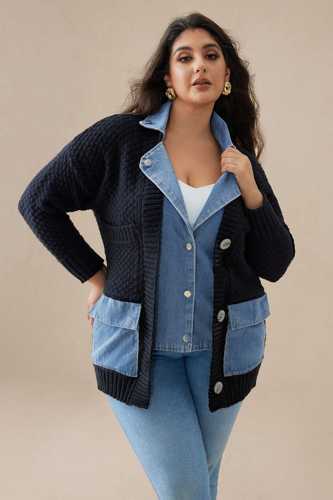 Plus Size Sweater Button Denim Patchwork Cardigan