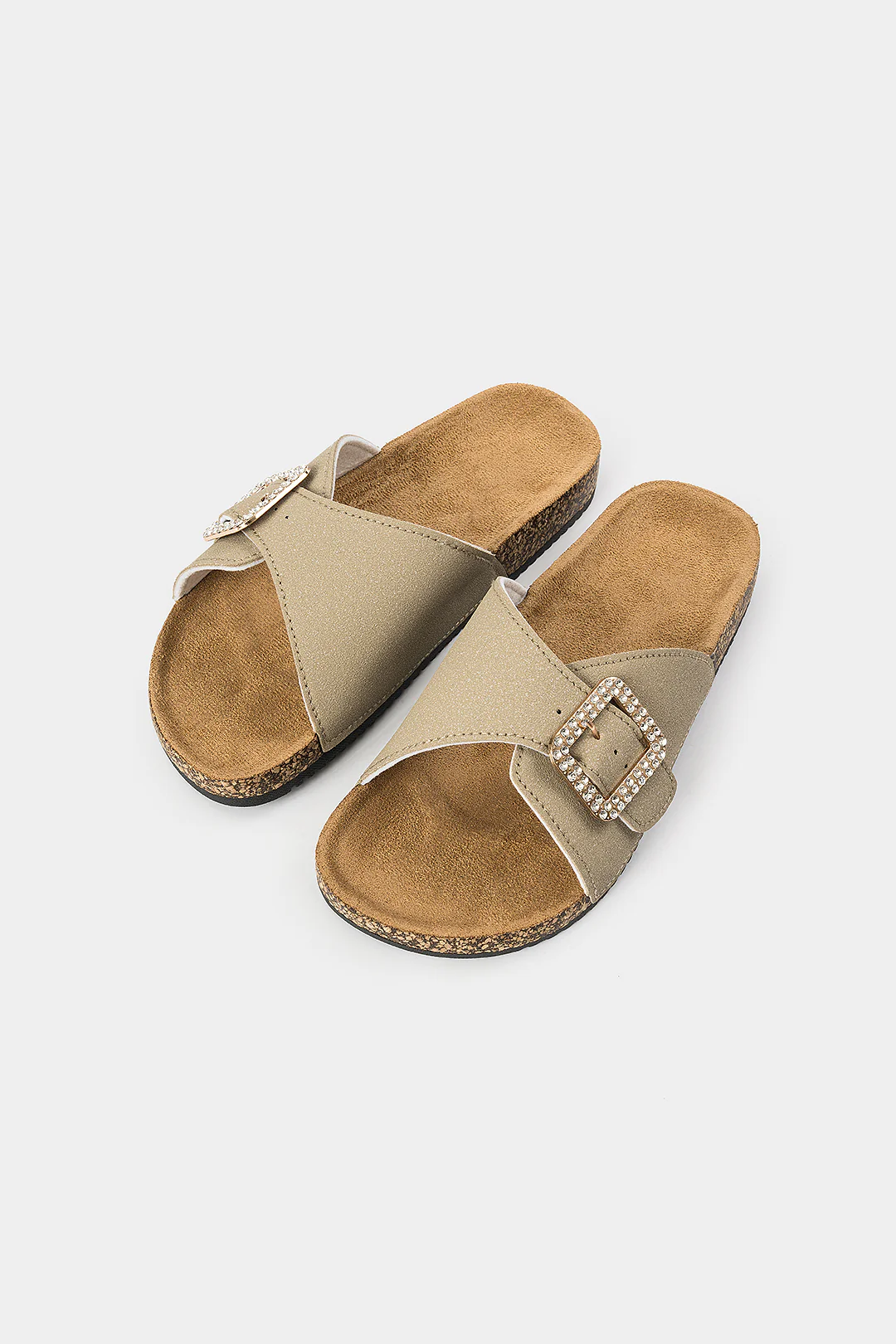 Faux Leather Metallic Buckle Open Toe Slippers