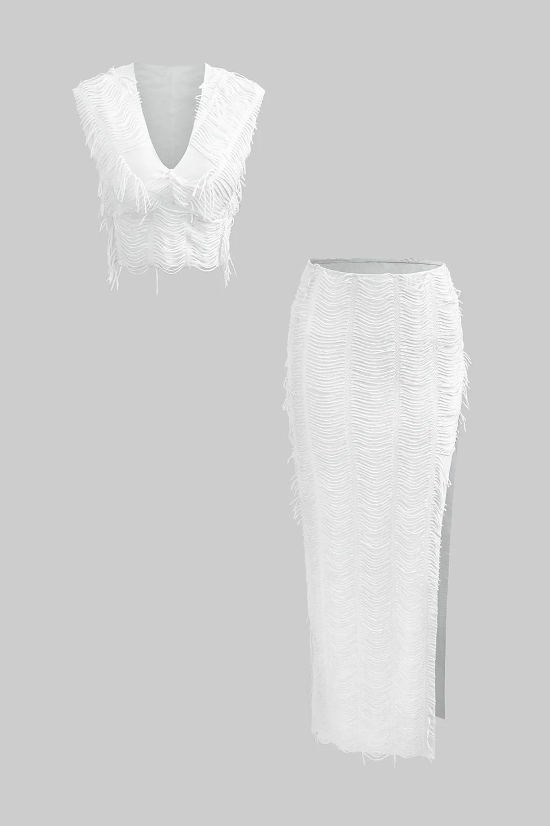 Distressed V-neck Cap Sleeve Crop Top and Slit Maxi Skirt Outfit Set