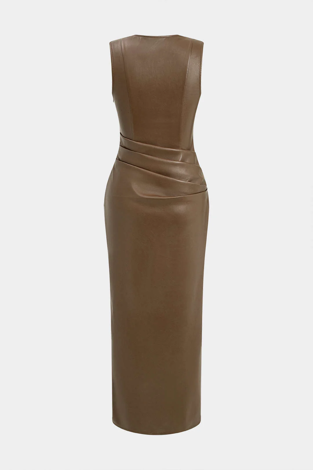 Faux Leather V-neck Ruched Long Dress