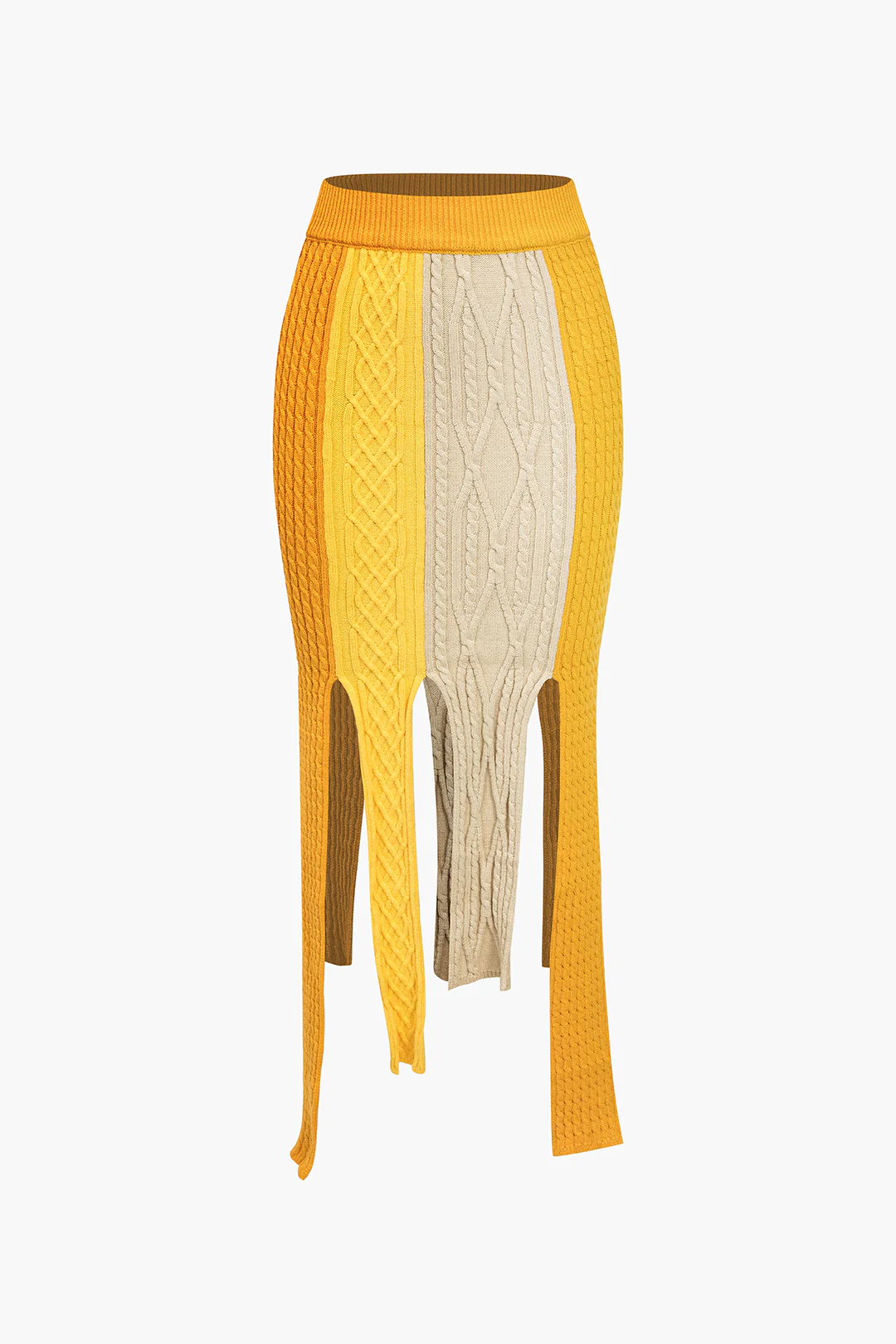 Contrasting Fringe-Trimmed Knit Mid-Length Skirt