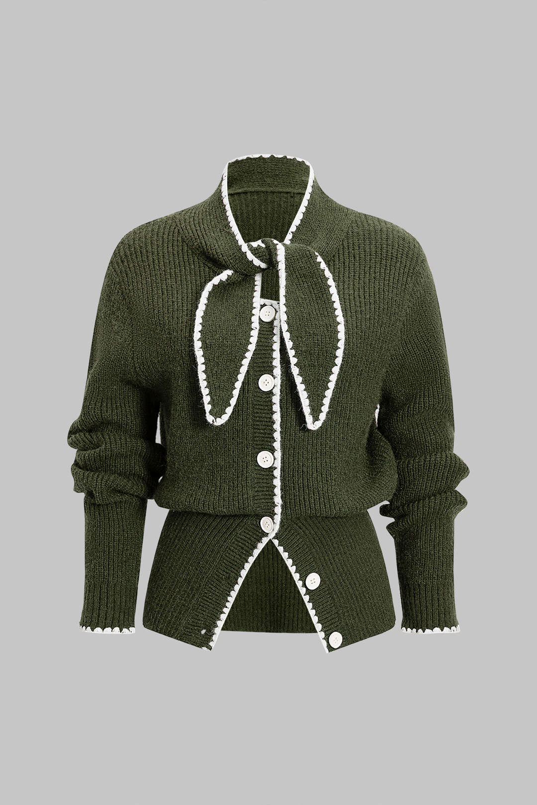 Knit Contrast Button Tie-Up Cardigan