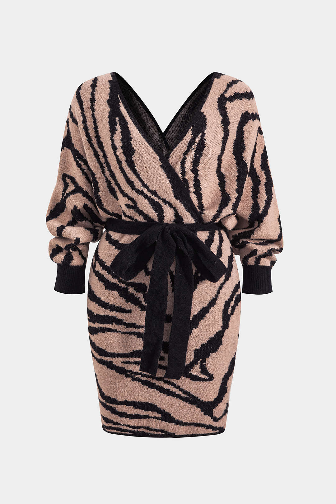 Plus Size Zebra Stripe Printed Knit Tie-Up Crossed Long-Sleeve Dress