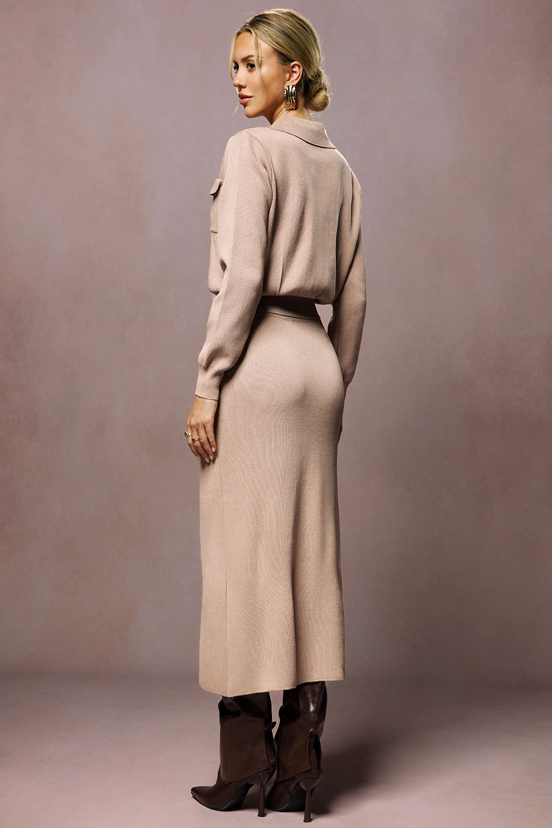 Cropped Button-Up Knit Top and Maxi Skirt Ensemble